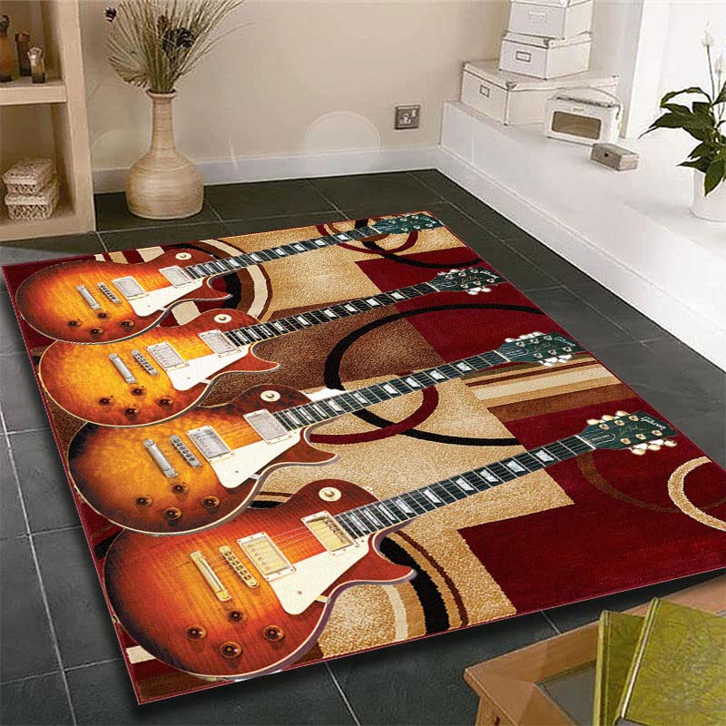 MUOUCTE Retro Music Electric Guitar Area Rugs, 5x8ft, Irregular Art Geometric Background Living Room Rug, Pet Friendly Non-Slip Rugs, Soft Machine