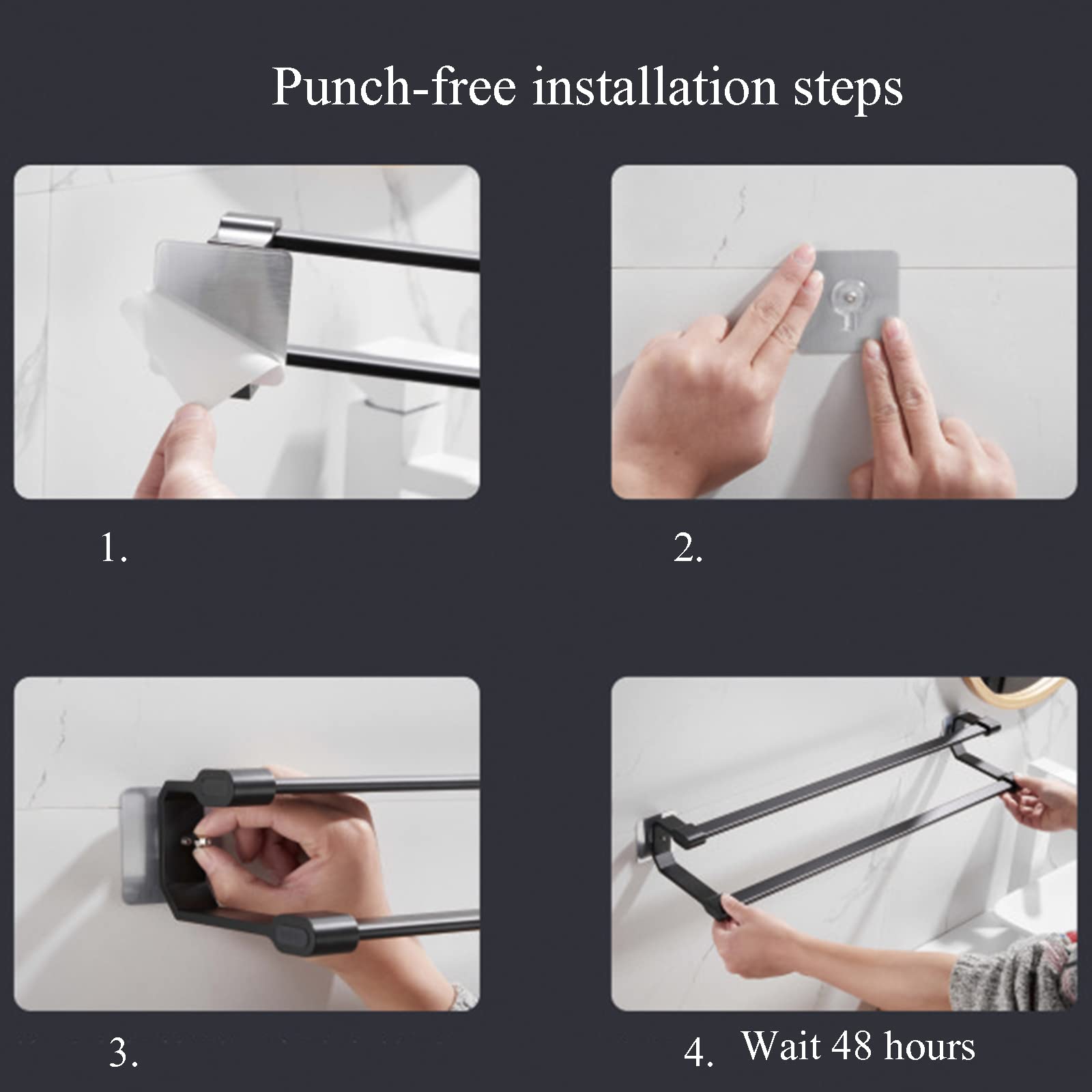 Toallero adhesivo negro de doble barra de aluminio montado en la pared para baño, cocina, 60 cm