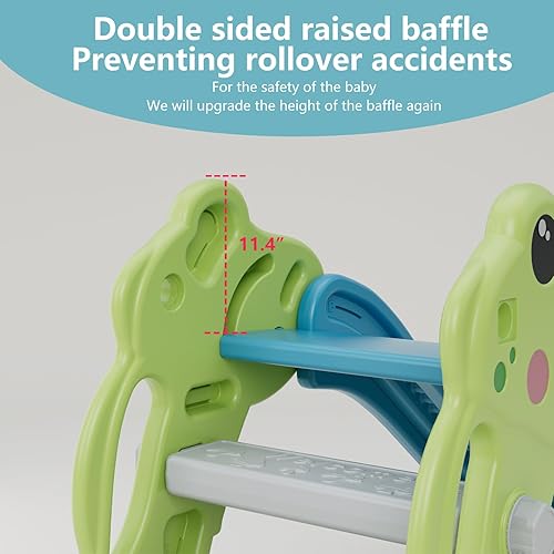 Miniatura 5 de Tobogán para niños pequeños, estilo juguetón verde, juego de tobogán para niños con pelota y aro, escalones antideslizantes, para interiores y