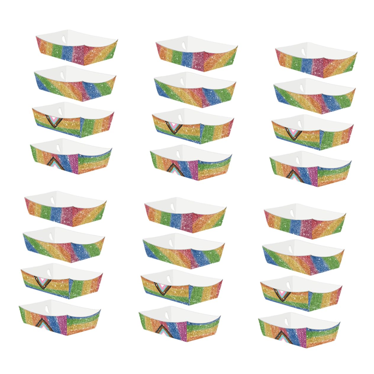 INOOMP 24pcs Rainbow Snack Trays Grease Paper Food Boats for Hot Dogs Popcorn Chips and Party Supplies for Year Celebrations Catering Buffets and Birthdays