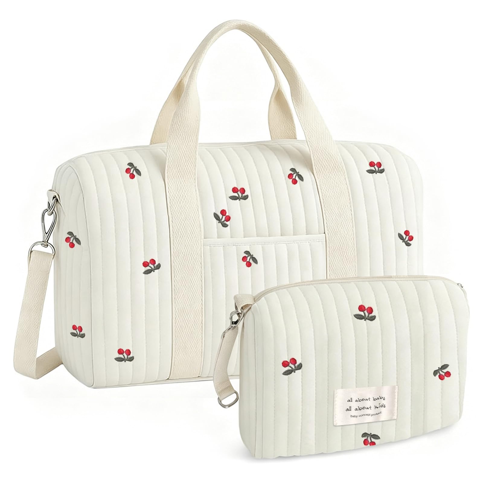 Borsa Parto Ospedale Cotone Trapuntato Ricamo Ciliegia Set 2 Pezzi Maternità Passeggino Viaggio Cambio Neonato Stile Coreano