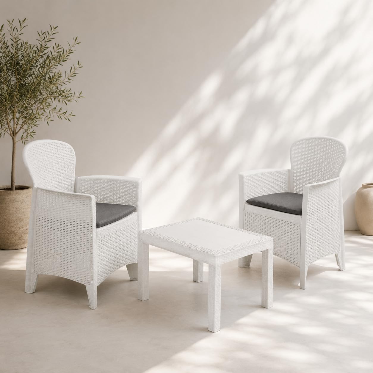 Salottino da Esterno 2 Posti Set da Giardino con Cuscini e Tavolino, Lounge Resistente alle Intemperie, Effetto Rattan Bianco 3 Pezzi