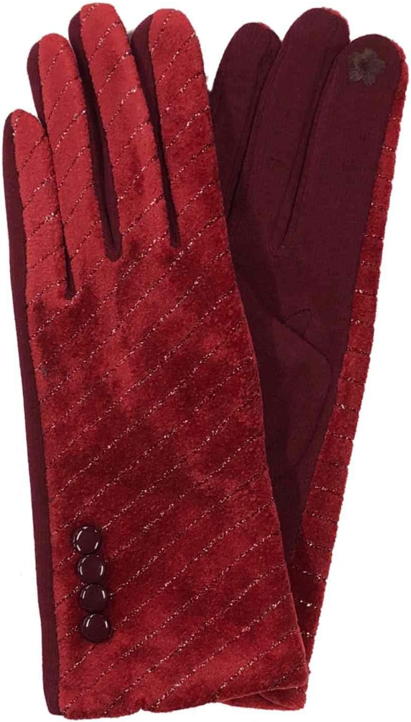 G&S Womens Metallic Red Velvet Stretch Fit Button Texting & Tech Smart Gloves