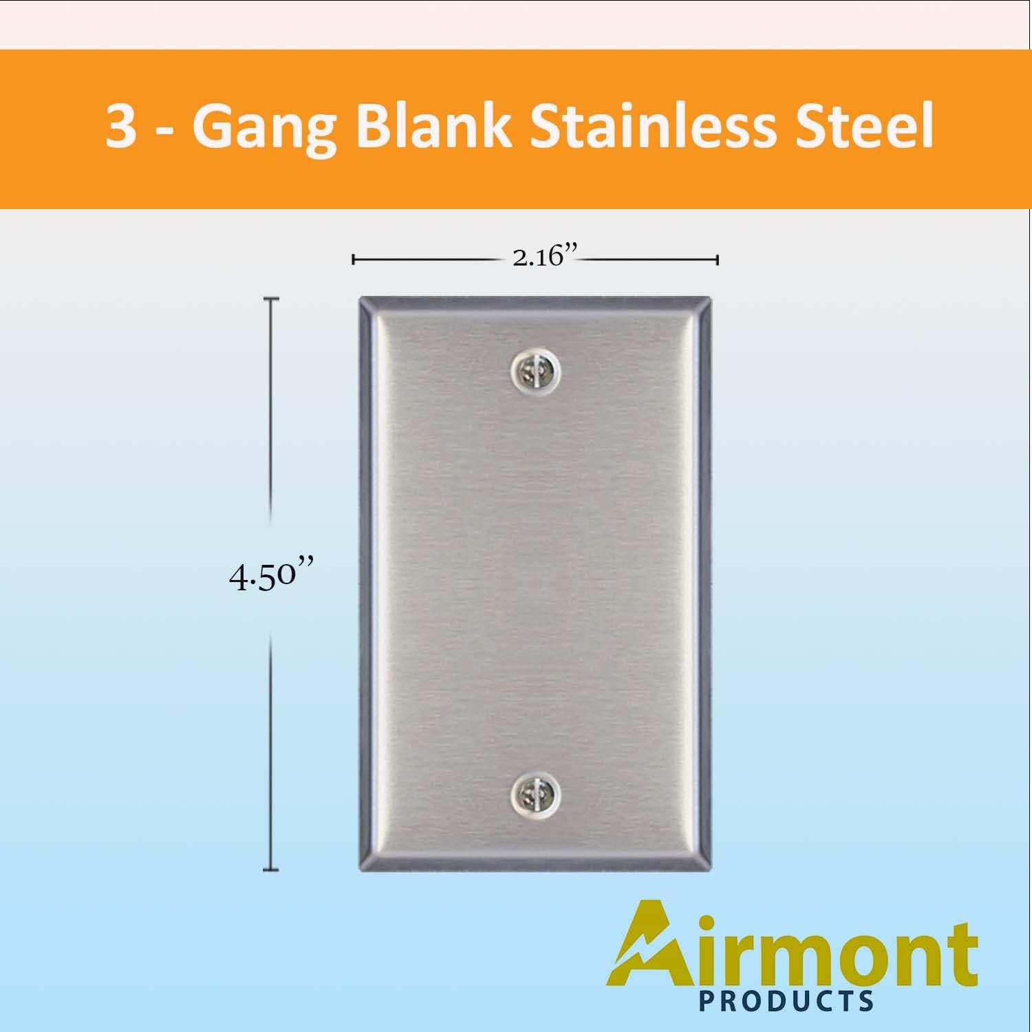 (Pack of 2) Airmont Products AP-10411, Stainless Steel Blank Wall Plates, 1 Gang Standard Size 4.50" x 2.76" Corrosion and Heat Resistant, Silver Metal, Cover Unused Electrical Sockets or Switch Holes