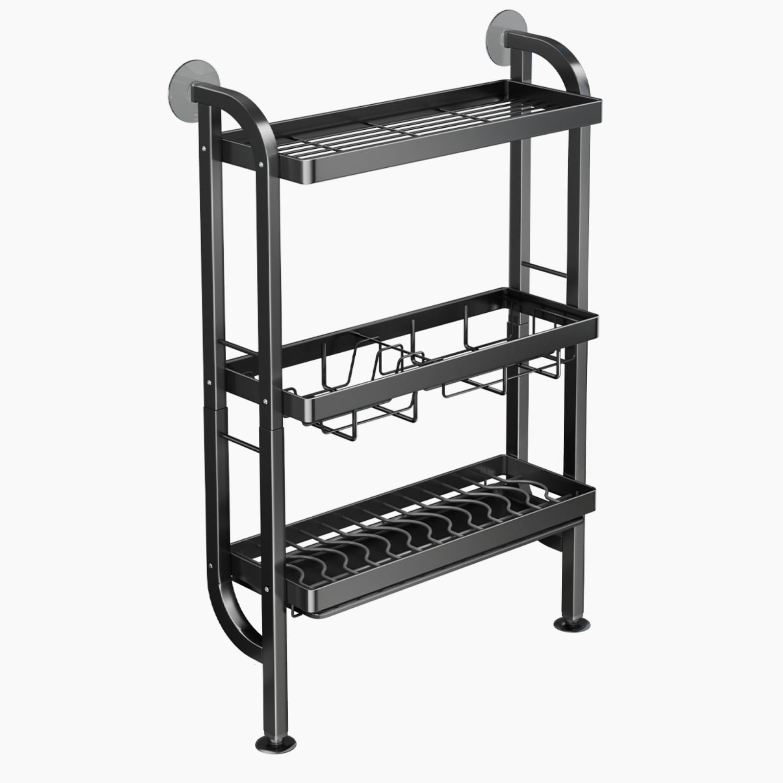 Escurridor de platos de 3 niveles sobre el fregadero con bandeja de goteo y soporte para cubiertos, organizador de cocina que ahorra espacio para platos, cuencos y tazas, elegante diseño negro para