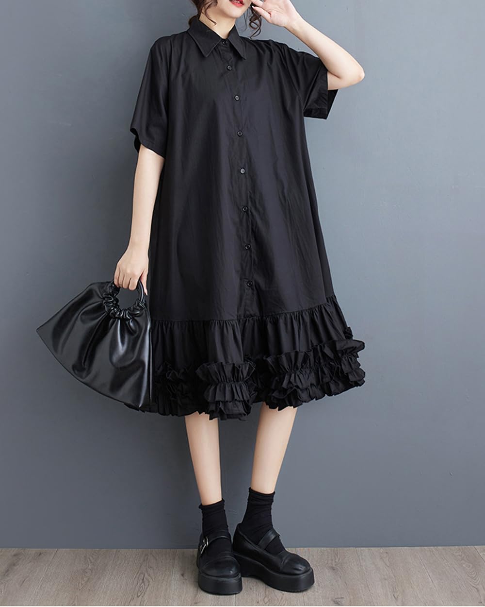 ellazhu Women's Shirt Dress Button Down Lapel Short Sleeve Ruffle Hem Oversize Loose Casual Solid GZ183 A - Image 3