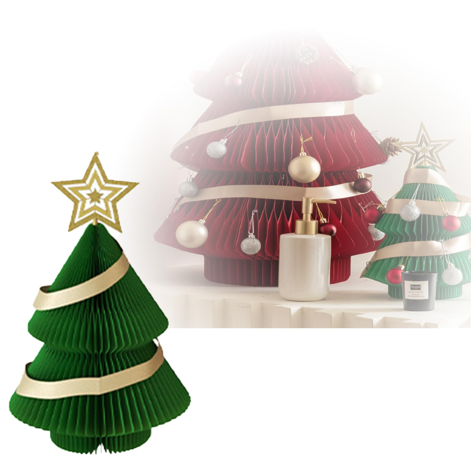 Albero di Natale di Carta, Decorazioni per Feste di Natale per Tavoli Decorazioni per la Casa, Decorazione Pieghevole per Albero di Natale In Carta Kraft con Luce USB e Ornamenti green L