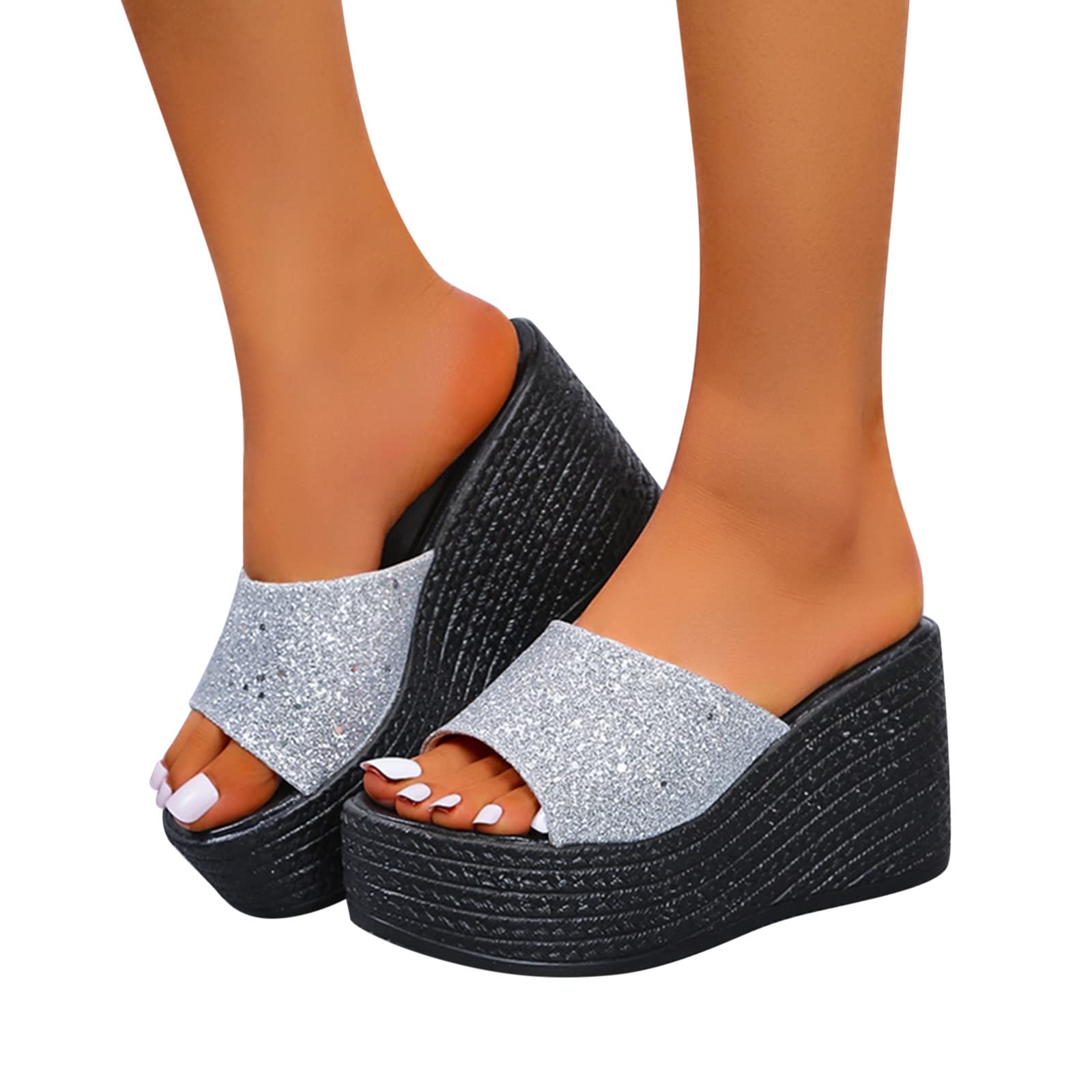 Pantuflas de casa para mujer, informales, con lentejuelas, con plataforma, boca de pez, a la moda, para mujer, Silver, 40 EU