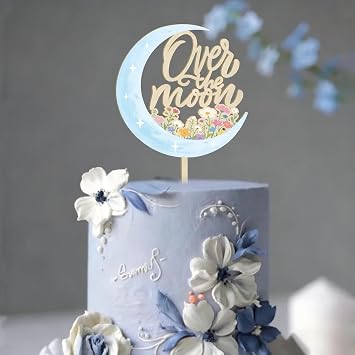 Over the Moon Cake Topper - Baby Shower, Gender Reveals Cake Top Hat, Birthday Party Cake Decorations, Rustic Wood, Studio Photo Props, Large Size, 5.25x8.56inches