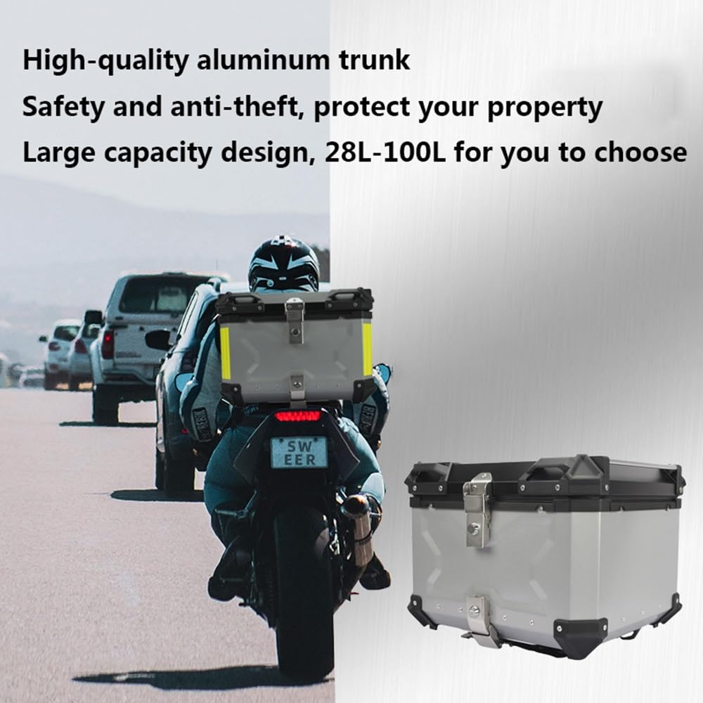 Top Case Moto Aluminium Valise Top Box Étanches 28L 36L 45L 55L 65L 80L 100L Coffre de Moto avec Serrure de Sécurité, pour Rangement Casques(Silver,36L)