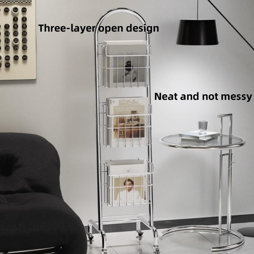 3-Tier Stainless Steel Floor Display Rack - Mobile Newspaper, Magazine & Brochure Organizer with Crystal Wheels - Durable Arched Storage for Books & Literature