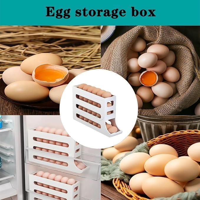 Image of (1Pcs) Refrigerator Egg Holder: Egg holder with Automatic Rolling,4 Tiers,Egg Storage,Space Saving Refrigerator Food Storage Container for Kitchen Cabinet Rectangular White