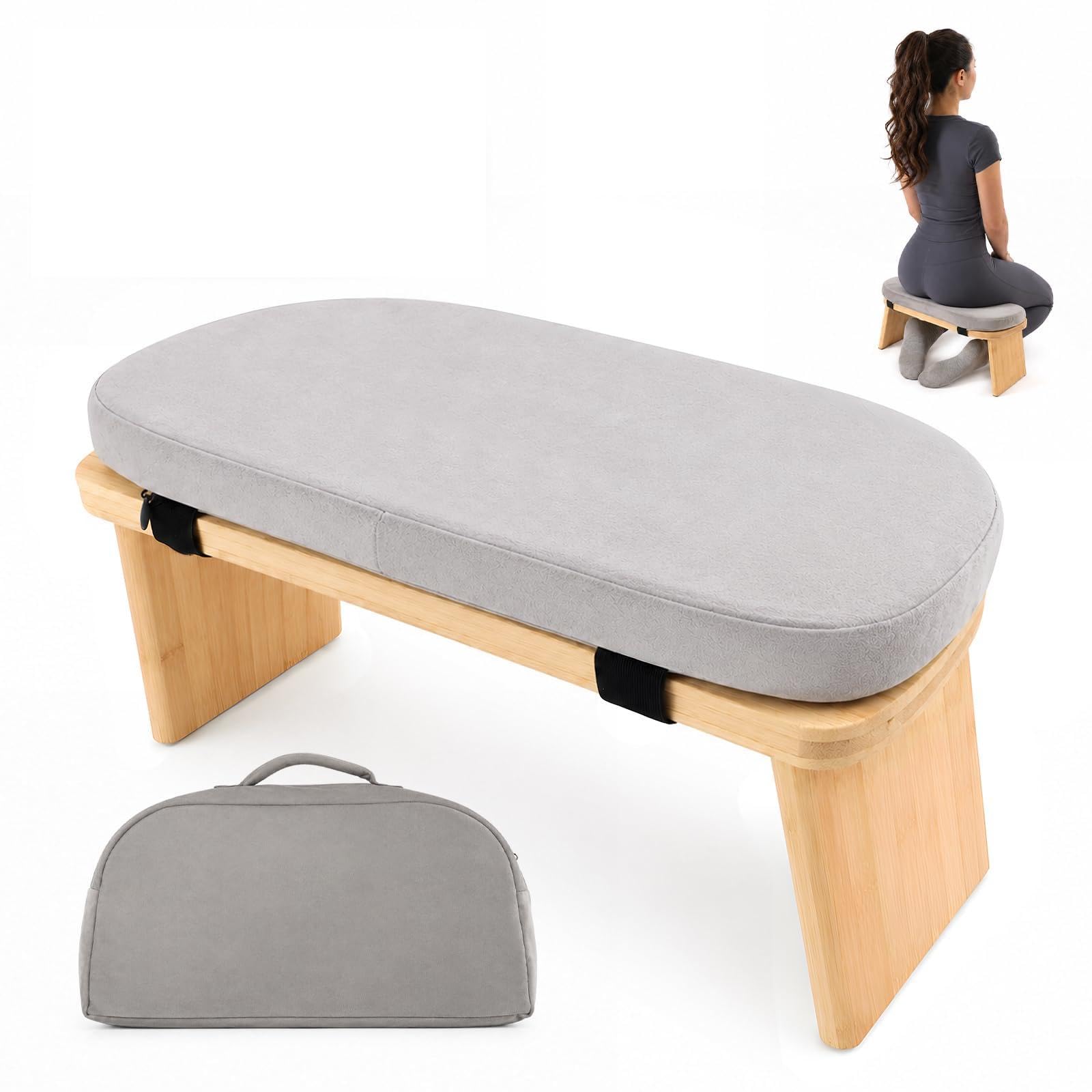 Mvellir Meditation Bench, Folding Bamboo Kneeling Stool with Velvet Cushion & Carry Bag, Ergonomic Meditation Chair with Anti-Slip Mat, Kneeler for Meditation, Yoga, Prayer