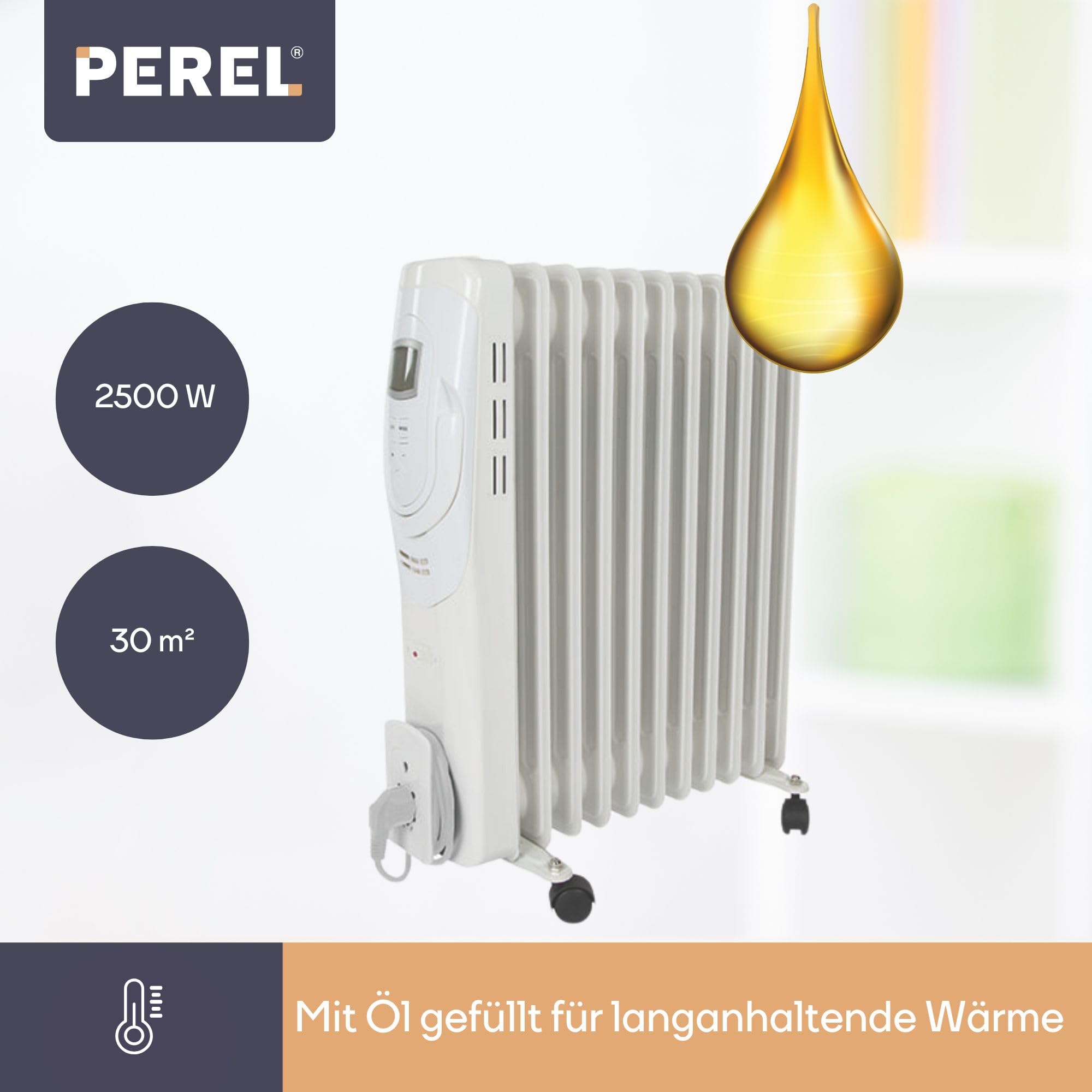 Perel 2500W Ölradiator mit 11 Rippen, 3 Heizstufen, LCD-Display, Timer, einstellbarem Thermostat, Griff, Rädern und Kabelhalter, Überhitzungs- und Kippschutz, tragbarer, geräuschloser und