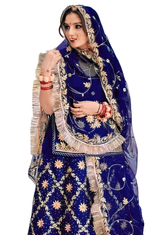 Image of Heavy Embroidery Work Semi Stitched Shimmer Silk Rajputi Poshak For Women Rajasthani Lehenga Choli