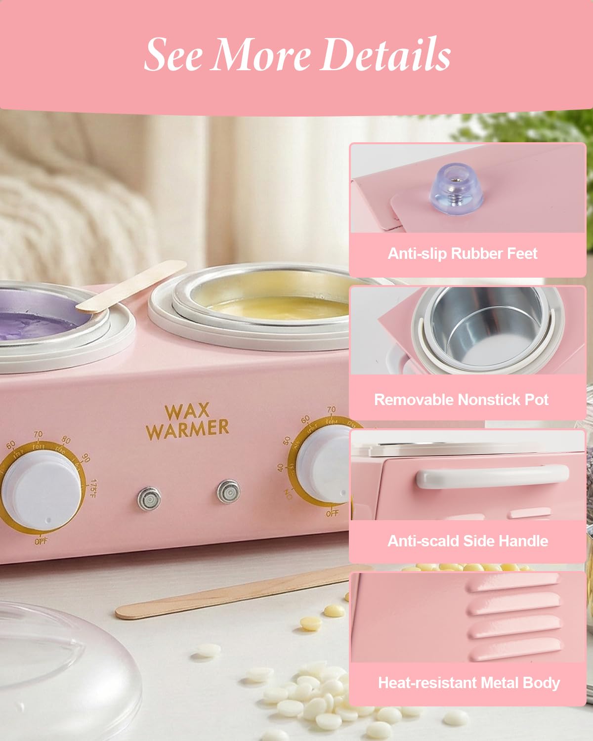 Riscaldatore di cera professionale doppio, 220 V 200 W, scaldacera per depilazione, scaldacera da 1000 ml, con 20 bastoncini, 20 collari e 100 strisce di cera, per saloni, spa e uso domestico (rosa)