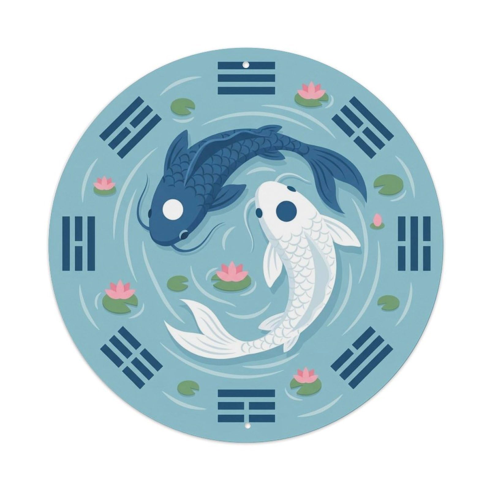 Japanese Koi Symbol Water Bagua Harmony Classic Metal Tin Sign Plaque Wall Decor for Cafe, Man Cave, Club Bar, Office, Home Garden Round Metal Poster 8x8Inch
