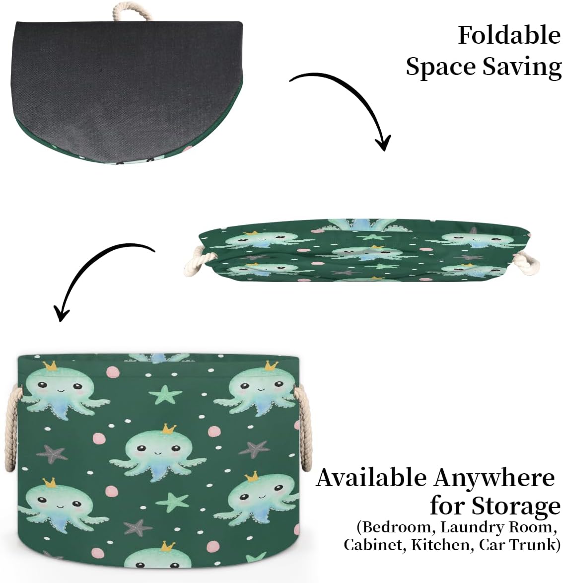 Large Storage Baskets - Octopus Nursery Round Collapsible Organizer Bin Box, Laundry Hamper for Kids Toys, Blanket, Bedroom Living Room Home Decor, Gift Basket, 19.4"x13.3"