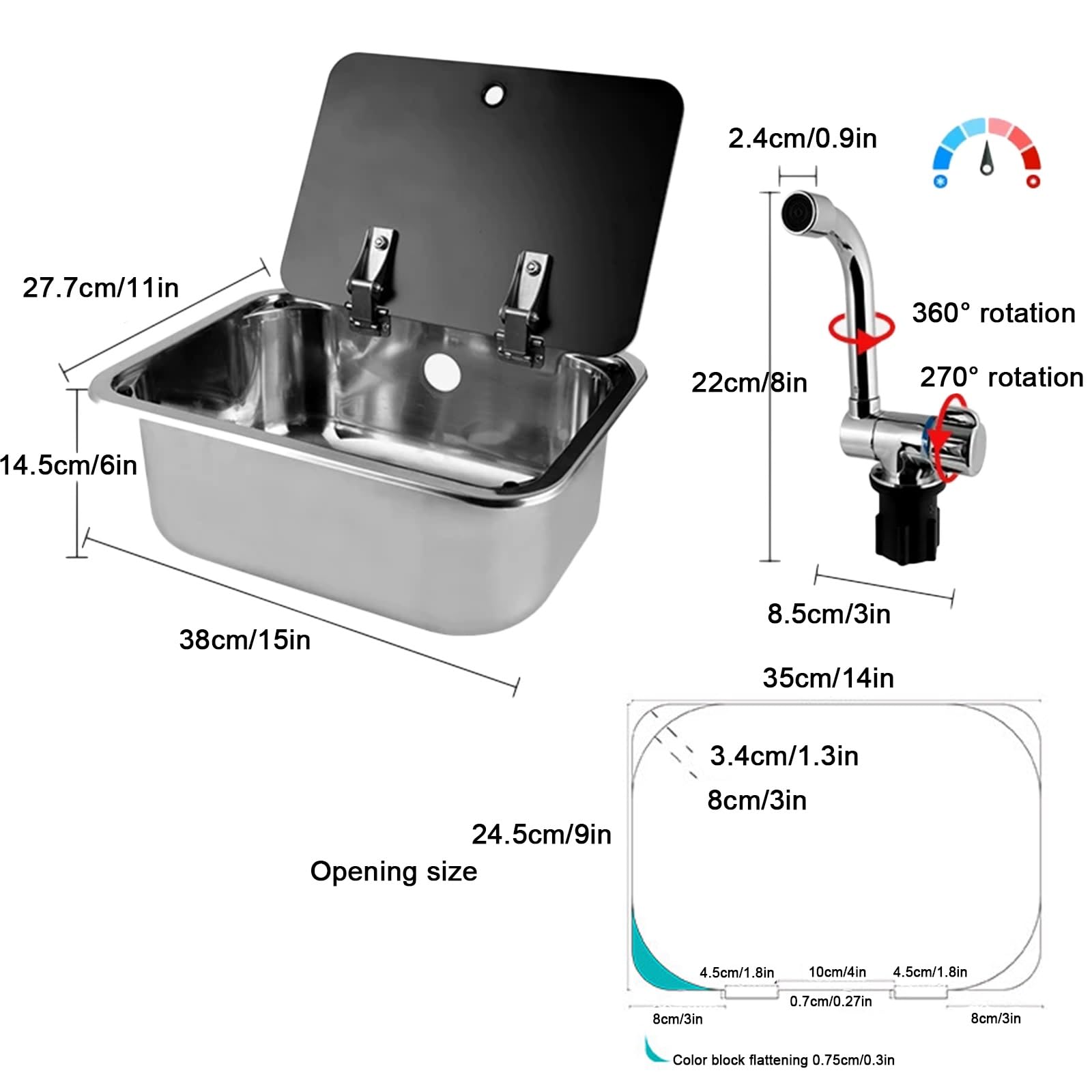 Fregadero de cocina con grifo combinado, acero inoxidable 304, cubierta oculta para caravana, caravana, barco, diseño que ahorra espacio (38 x 27,7 x 14,5 cm)