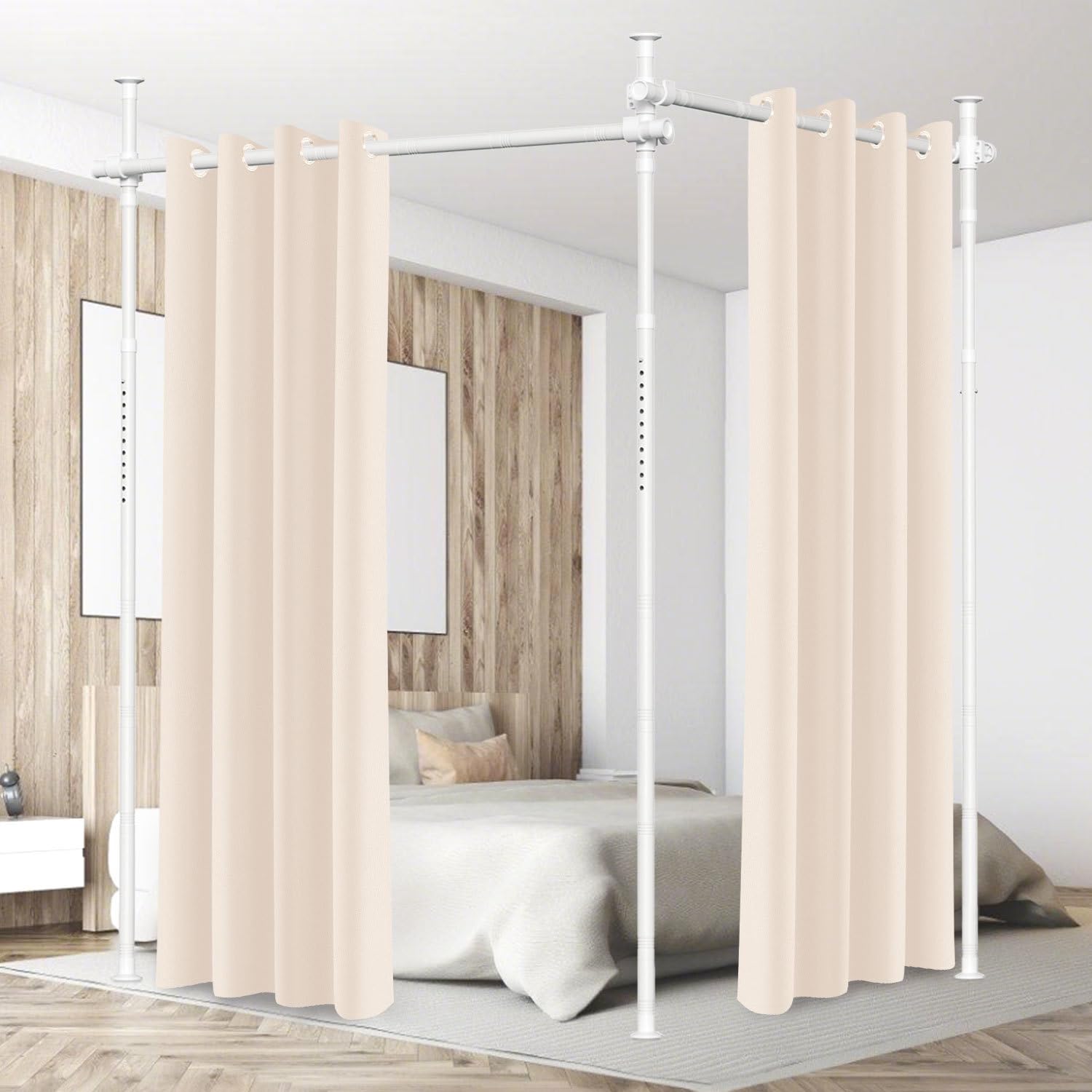 Asta divisoria per tende, senza fori, indipendente, senza tenda, regolabile, altezza 122-320 cm, larghezza 70-355 cm, protezione privacy per soggiorno, bianco