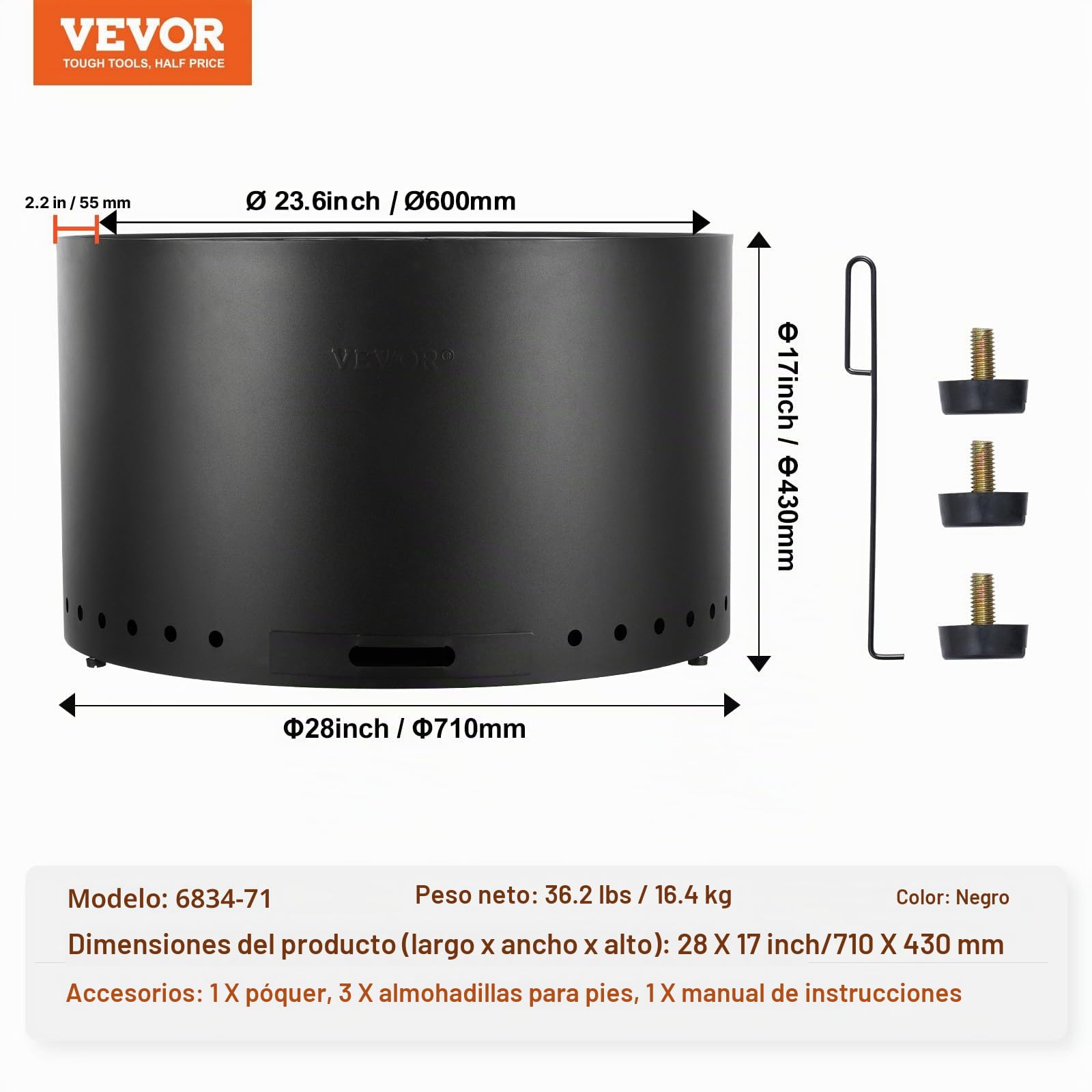 VEVOR Brasero de Leña sin Humo 710 x 450 mm Brasero con Bandeja de Ceniza Extraíble Brasero Portátil para Interiores y Exteriores de Acero Inoxidable SUS430, para Acampar en el Patio al Aire Libre