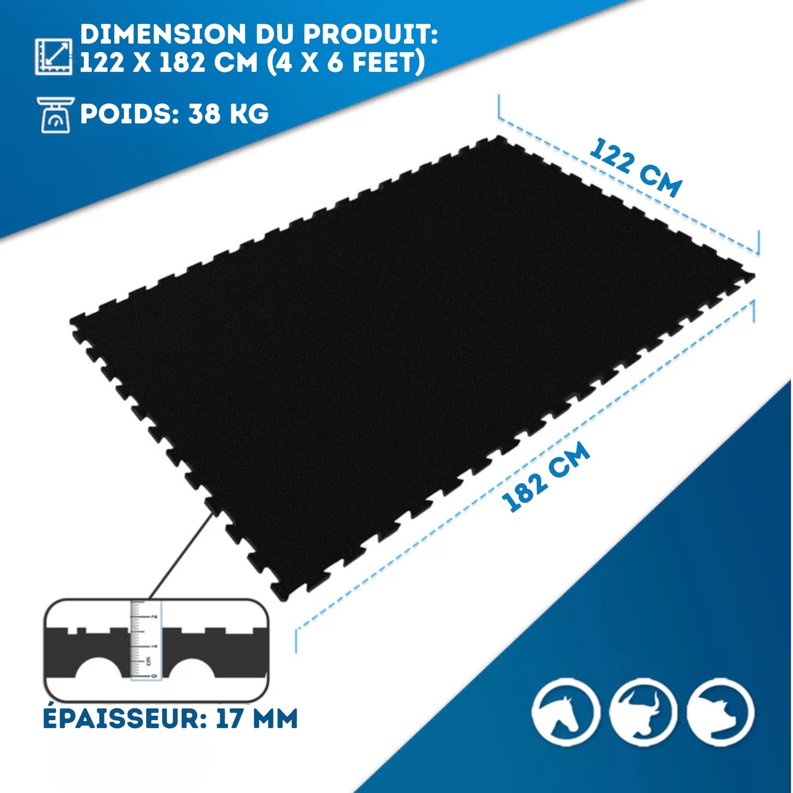 KARAT Tappeto Puzzle in gomma per stalla Pontiac per cavalli e mucche - Rivestimento da terra resistente da -20°C a +80°C - Piastrella impermeabile antiscivolo - Interblocco su quattro lati 122x182
