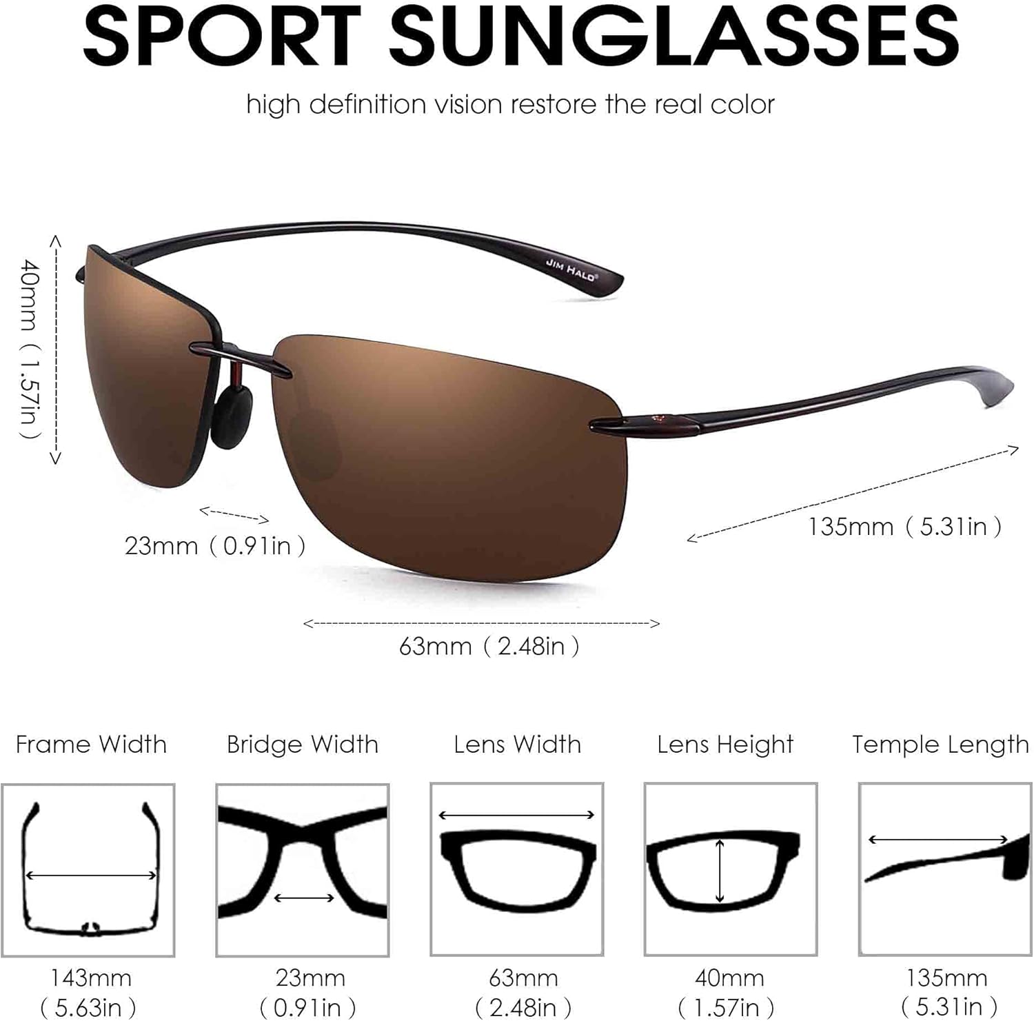 Miniatura 5 de JIM HALO Gafas de sol deportivas para hombres y mujeres marco sin montura TR90 para correr pescar ciclismo conducir