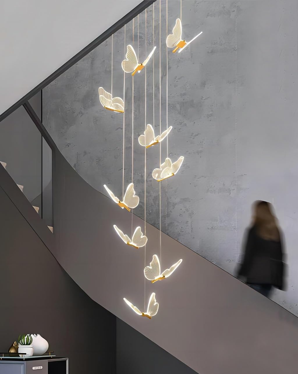 SYAXVOM Modern Chandelier for High Ceilings - Acrylic Butterfly Pendant Light Fixture Entryway Living Room Dining Hallway & Staircase Dimmable Ceiling Lighting