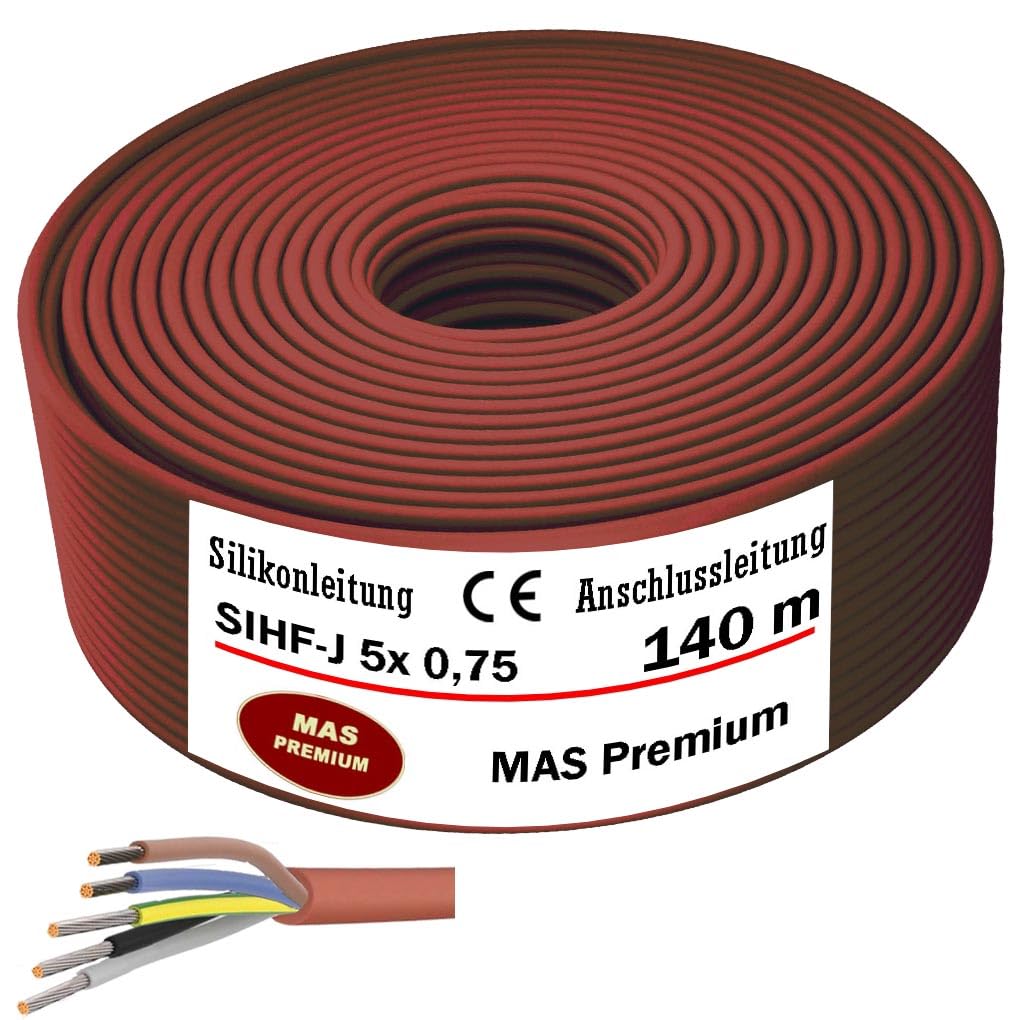 MAS Premium Cable de conexión de silicona de 5 – 250 m, cable de silicona para sauna SIHF-J 5 x 0,75 hilos finos, flexible para equipos de alta temperatura (140 m)