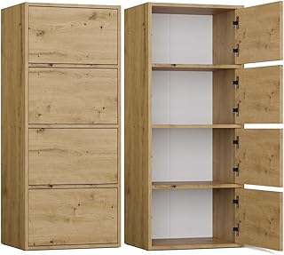 CDF Armoire de Rangement Haute Commode Buffet avec 4 Portes et 4 Étagères Système Tip-on Moderne pour Salon Bureau Entrée 50 x 40 x 119 cm -Chêne Artisan