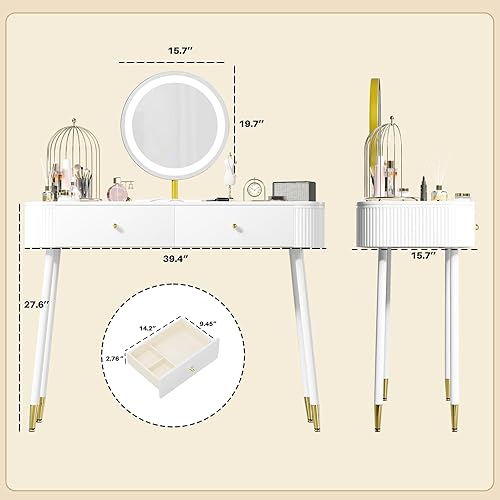 Miniatura 3 de WinZo Mesa de tocador de 40" con espejo y luces, pequeña mesa de maquillaje con 2 cajones de almacenamiento y estación de carga, elegante mesa de