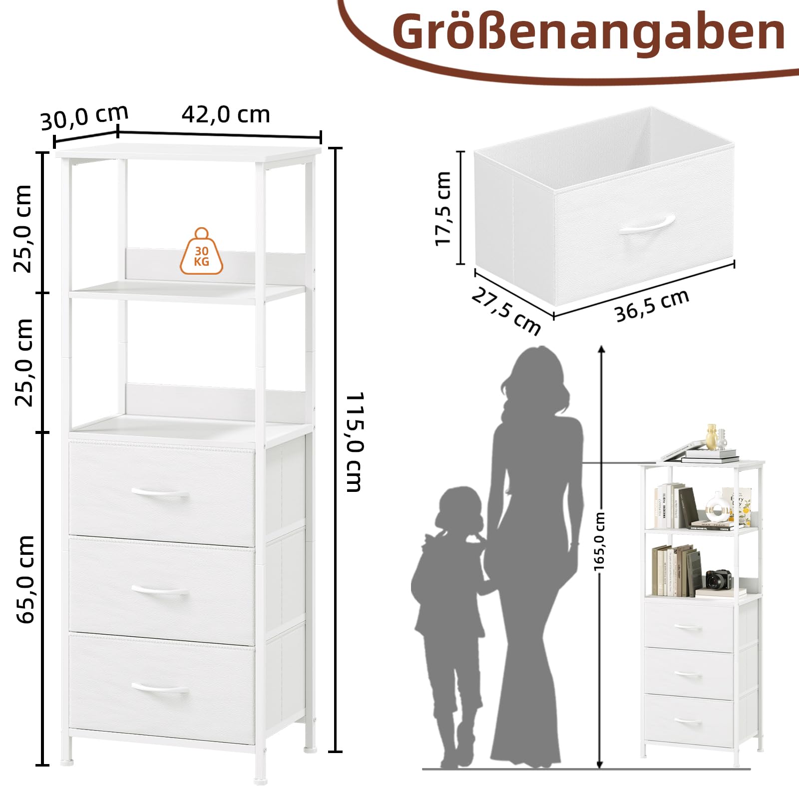 Somdot Bücherregal Standregal Aufbewahrungsregal für Arbeitszimmer Homeoffice, Büroregal Bücherschrank Präsentationsregale, 5 Ebenen 3 Stoffschubladen, Weißes Leder, 30T x 42B x 115H cm
