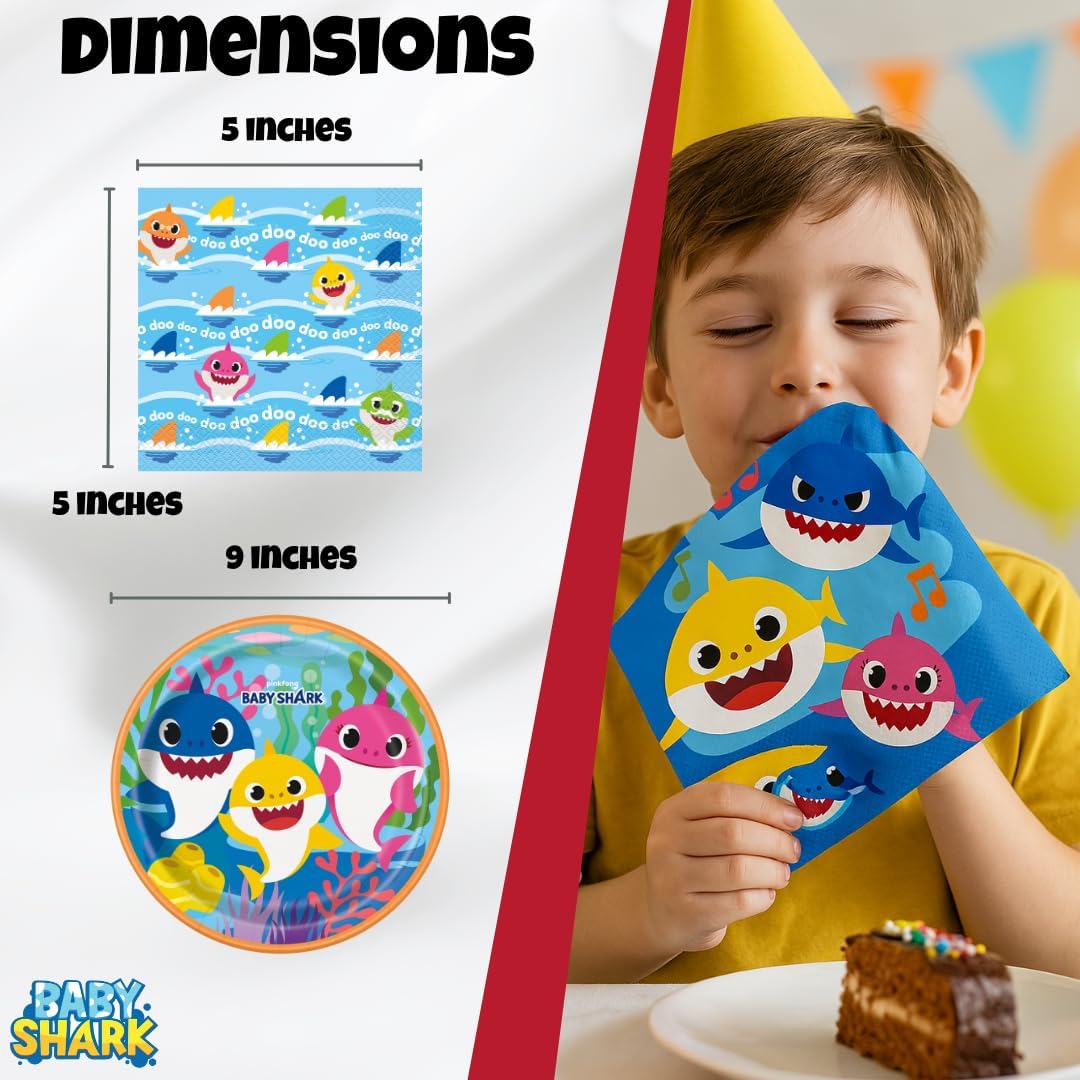 Unique Baby Shark - Party Supplies & Decorations Bundle | Serves 16 Guests | Plates, Napkins, Table Cover, Party Hats, Blowouts, Balloon & Stickers | Festive Birthday Pack | Officially Licensed