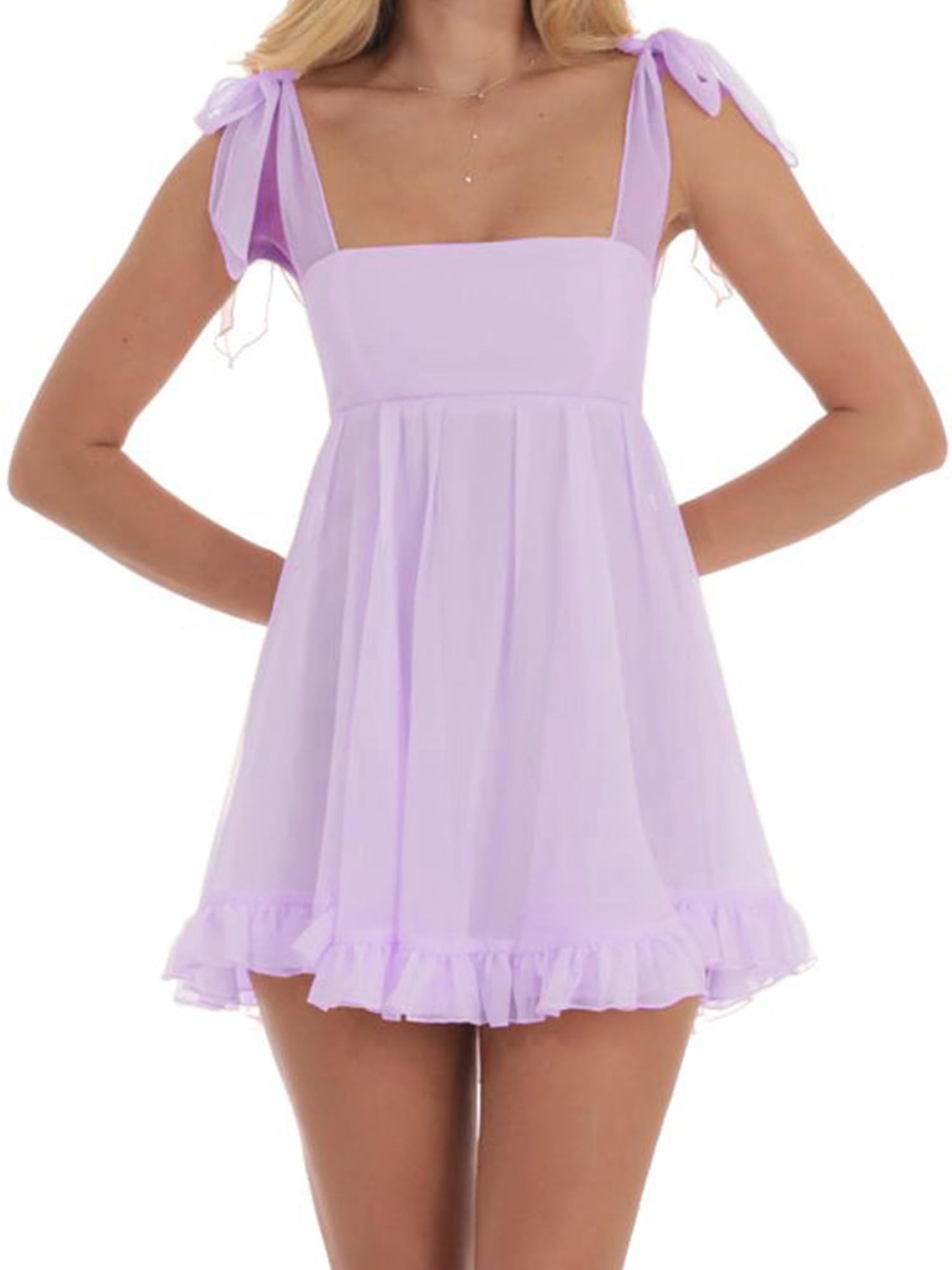 Fiacafyo Women Y2k Lace Trim Mini Dress Sleeveless Backless Bow Tie Strap Short Tank Dress Ruffle A Line Fairy Flowy Sundress (B-Violet, XL)