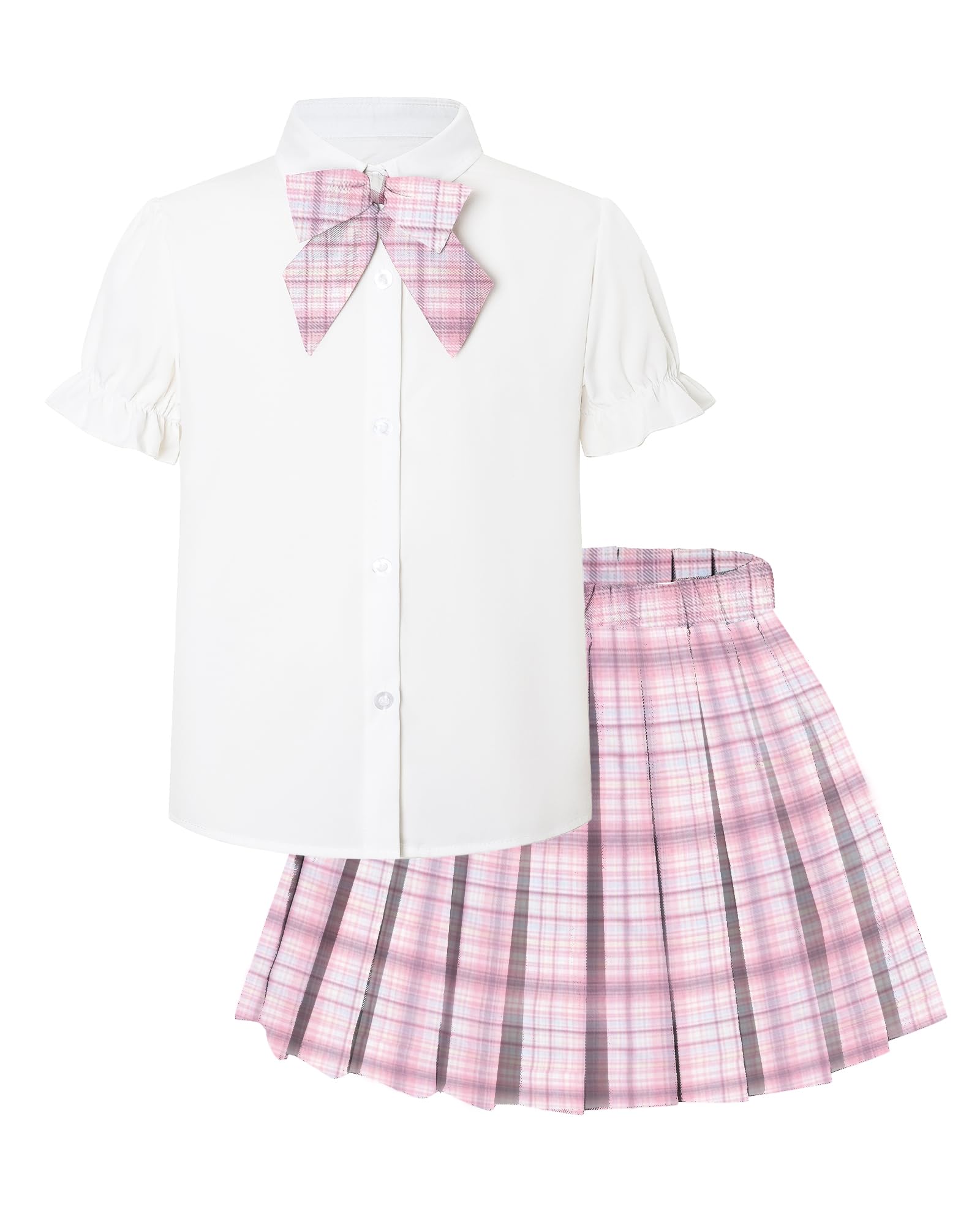 Betusline Girls JK Uniform Outfit, Shirt with Bow &amp; Pleated Skirt,4T-16Y
