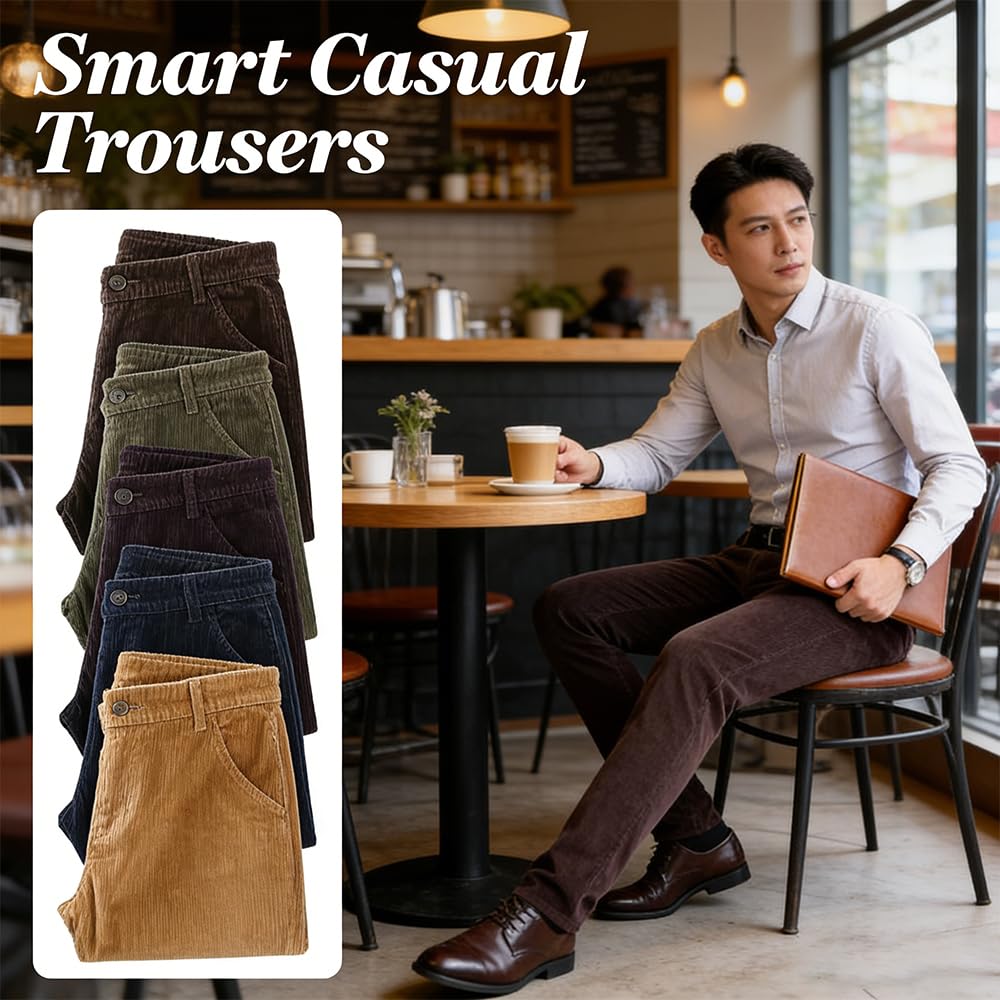 Pantalones de pana de pierna recta para hombre, pantalones de vestir ajustados de corte clásico, pantalones chinos elásticos cómodos casuales con bolsillos