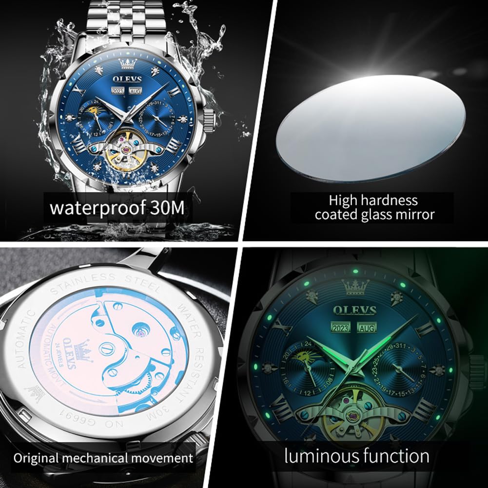 OLEVS Herrenuhren, mechanisch, automatisch, selbstaufziehend, luxuriös, Business-Kleid, Edelstahl, Tourbillon, Jahr/Monat/Tag, Mondphase, wasserdichte Uhren für Herren (blau/schwarz)