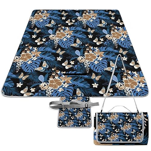 Tropical-Flowers Pattern Picnic Blanket Waterproof Foldable, Large Outdoor Picnic Blanket Beach Blankets Camping Blanket Travel Mat, Shoulder Strap Tote, Rectangle 58x58in