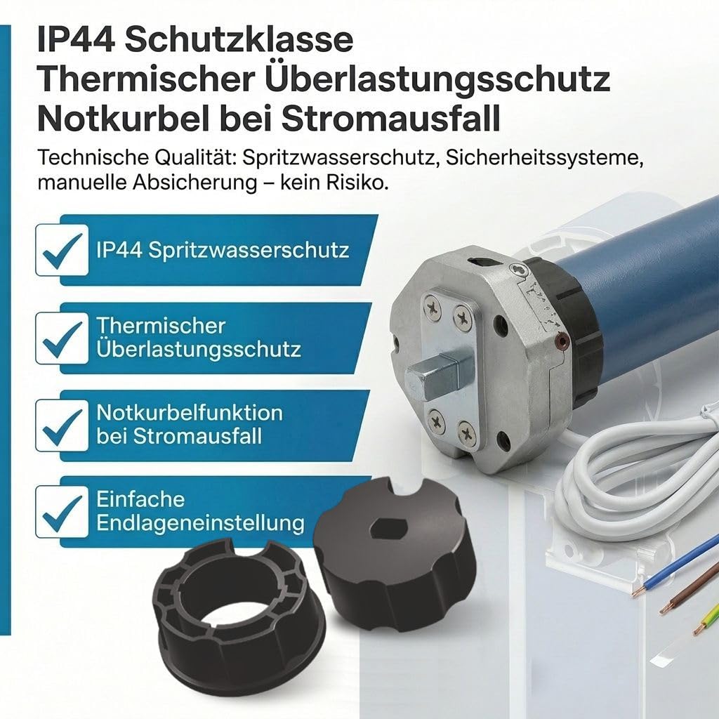 h Markisenmotor-Set 50 Nm mit Notkurbelfunktion & Funk – Inkl. 1-Kanal Handfunksender – Universell für Gelenkarm-, Kassetten- & Fallarmmarkisen bis 24 m² – 78 mm Rund & 60 mm 8-Kant