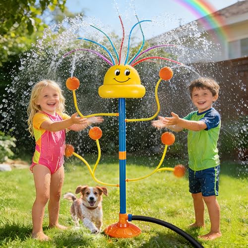 VATOS Water Sprinkler Outdoor Yard Toy for Kids, Smile Face Rainbow Splash Toy with 8 Wiggle Tubes 4 Nozzle, Backyard Lawn Water Sprinkler, Summer Family Games, Fun Water Toys for Kids 3-8 Boy Girl