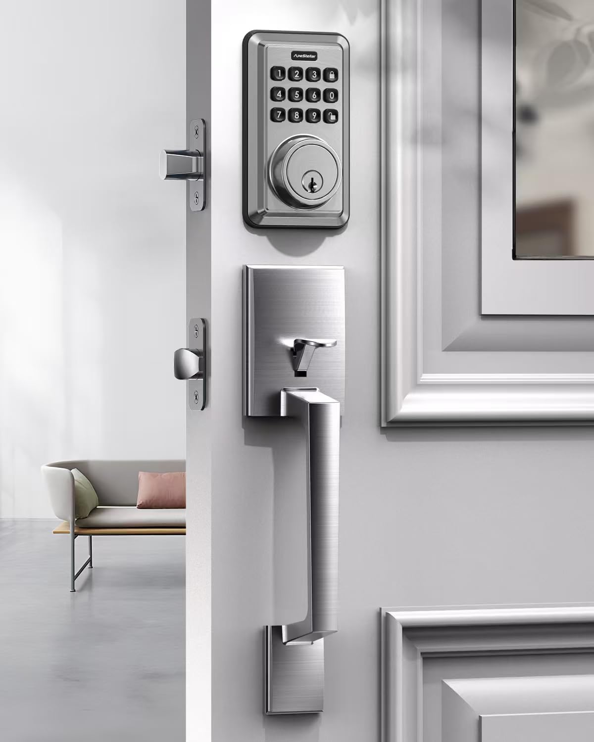 Keyless Entry Door Lock Deadbolt with Handle Set - Front Door Lock Set- Electronic Keypad Deadbolt - Smart Lock -Easy Installation - Satin Nickel