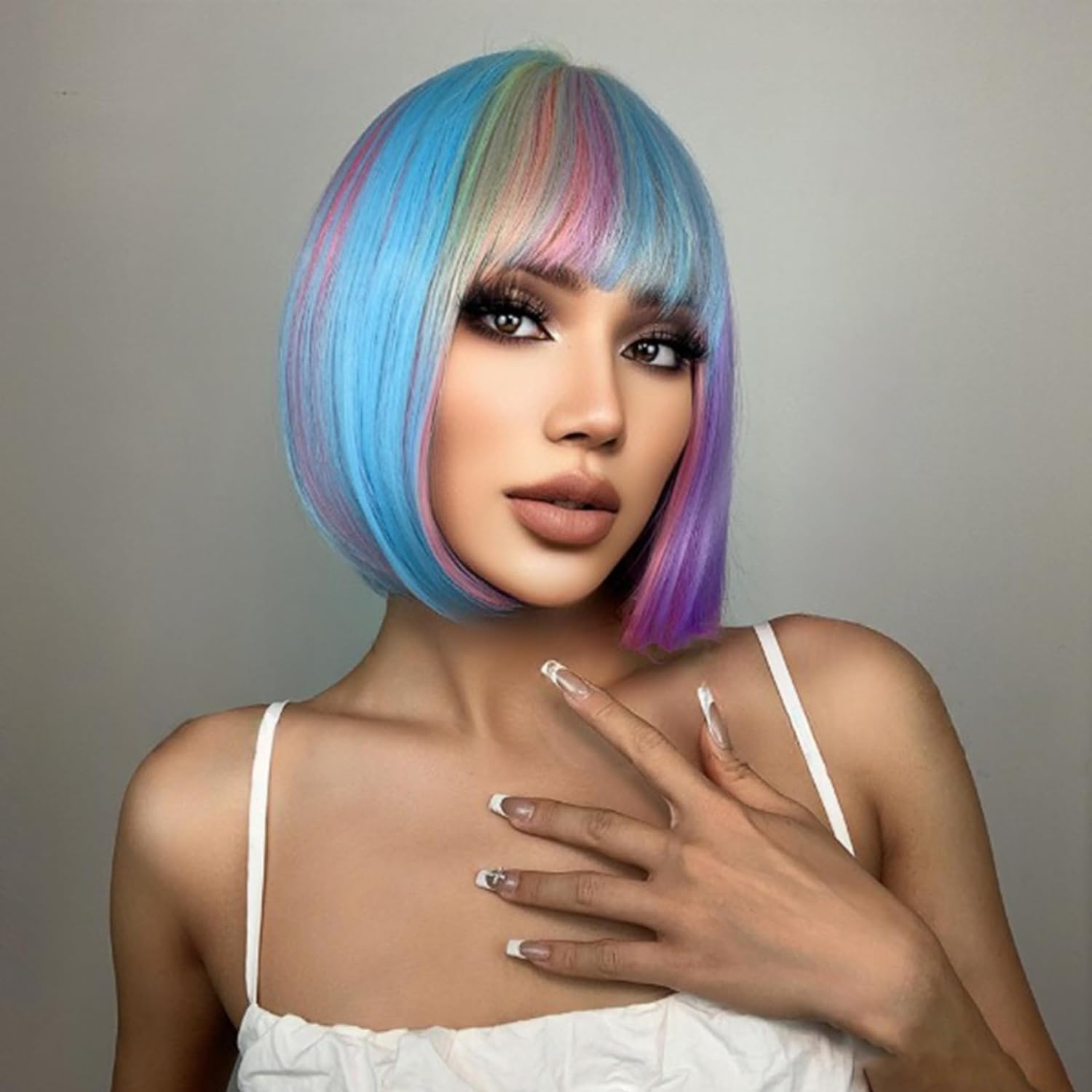 Haircube Wigs Wig For Women Short Bob Wigs With Bangs for Women Colorful Fluffy Halloween Party Costume Cosplay Wig Beauty for Party (Rainbow color, One size)