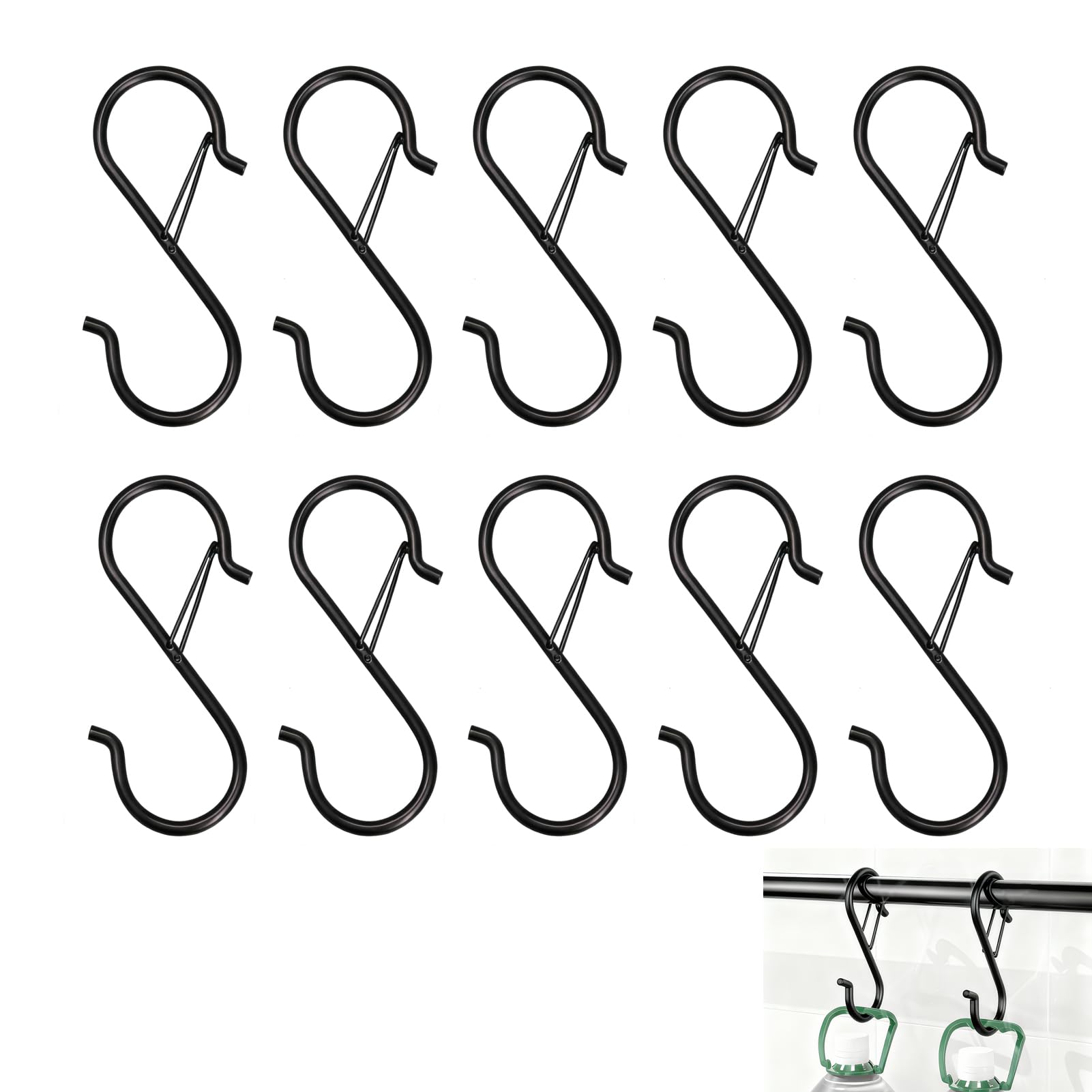 10 Pack S Shaped Hooks, 9.3 cm S Hooks with Safety Buckle, Heavy Duty Metal S Hook for Hanging, Large S Hook for Hanging Pans Utensils Plants Closet Rod Clothes Kitchenware Bathroom Garden (Black)