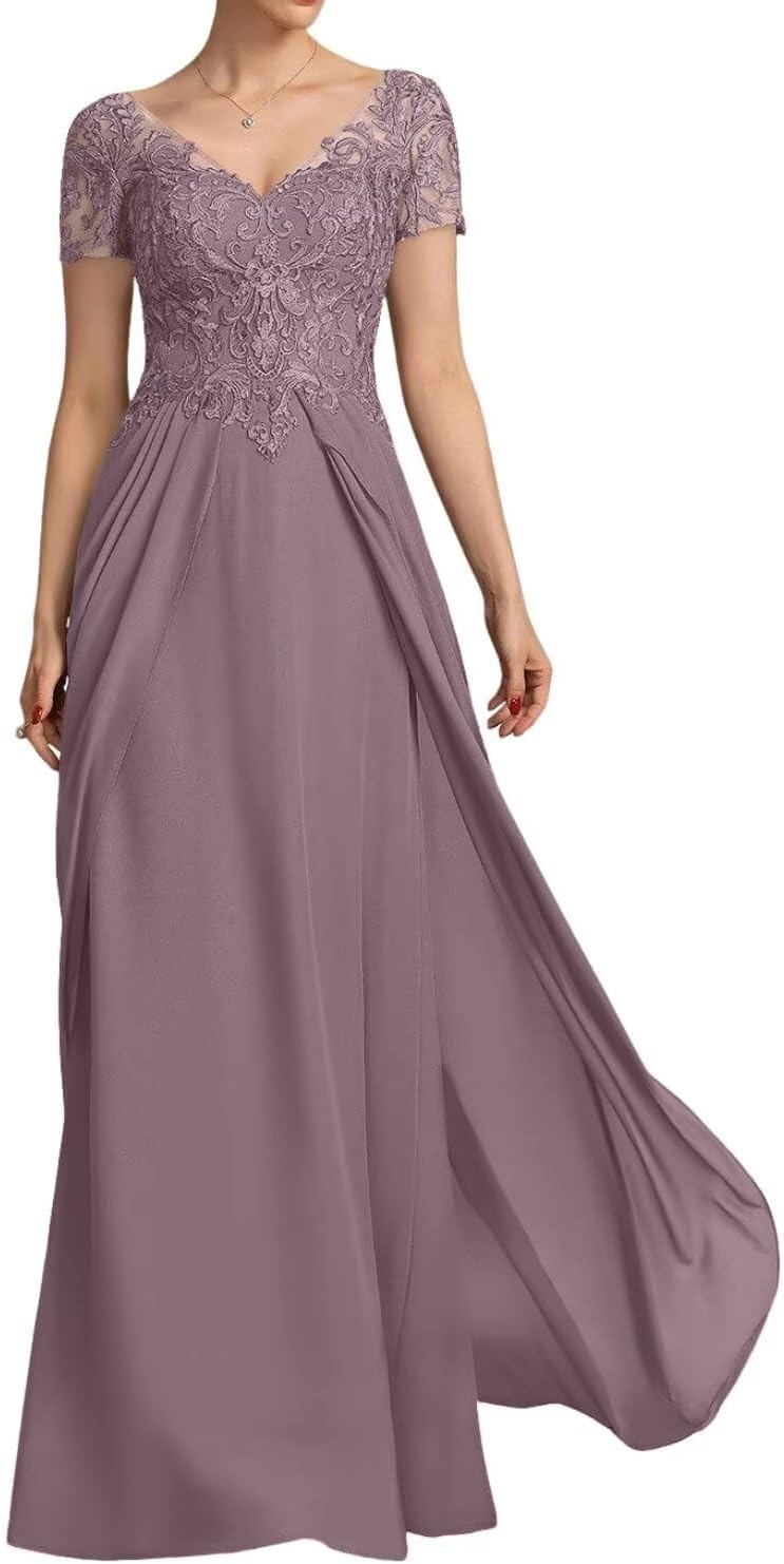 Short Sleeve Mother of The Bride Dress for Wedding Lace Applique A-Line Formal Gowns BO067