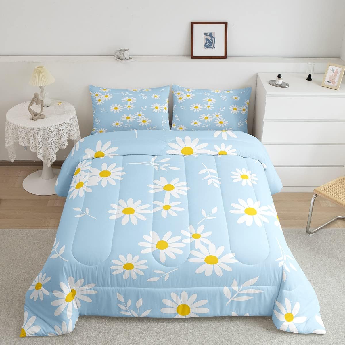 ManfeiDaisy Comforter Set Twin Size, White Flower Leaves Bedding Set 2pcs for Kids Boys Girls Bedroom Decor, Botanical Garden Artwork Quilt Set Soft Polyester Duvet Set with 1 Pillowcase