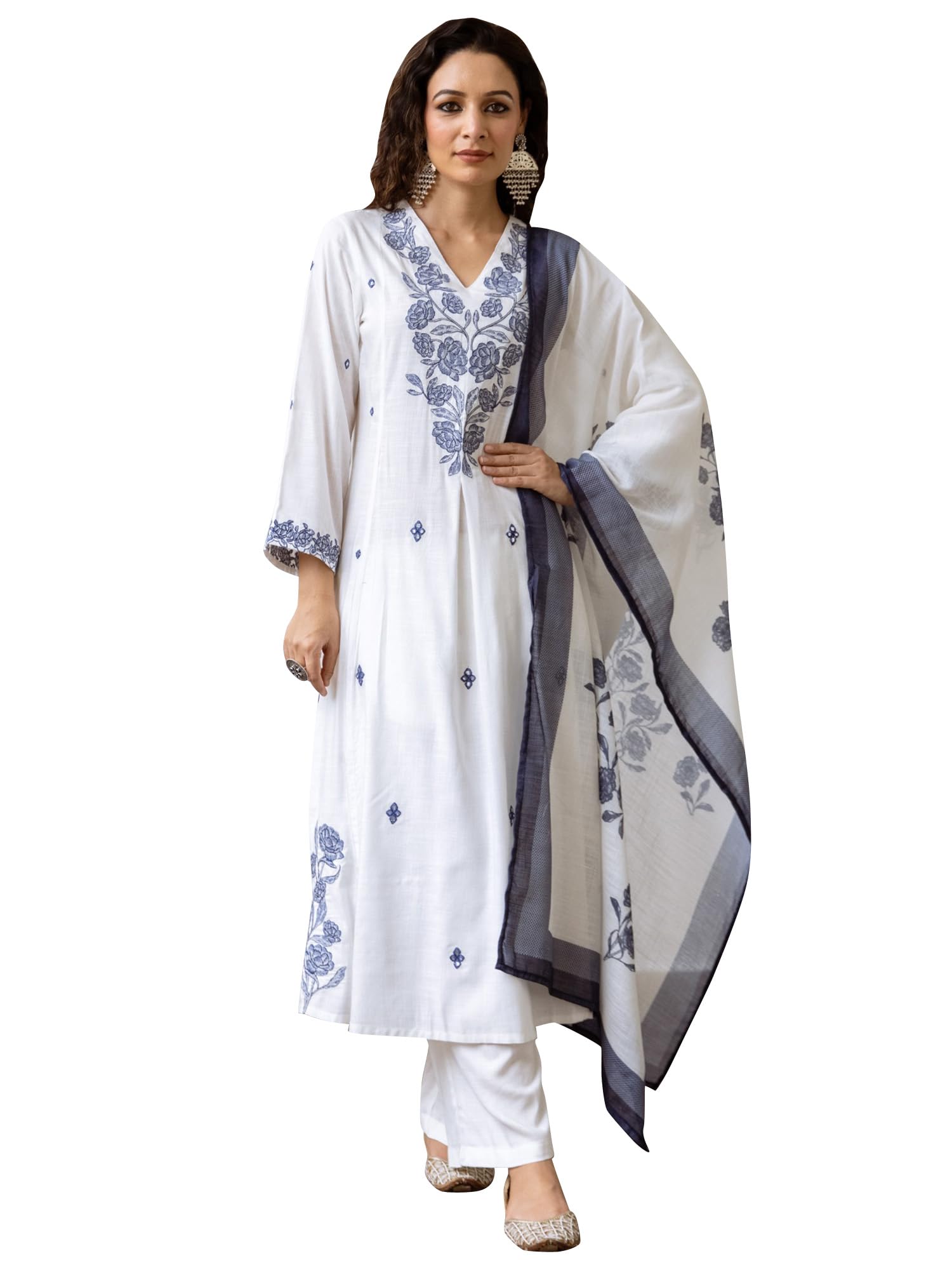 indo era Women's Cotton Embroidered A-Line Kurta With Pant & Dupatta (IEOUT6913)-picture-10