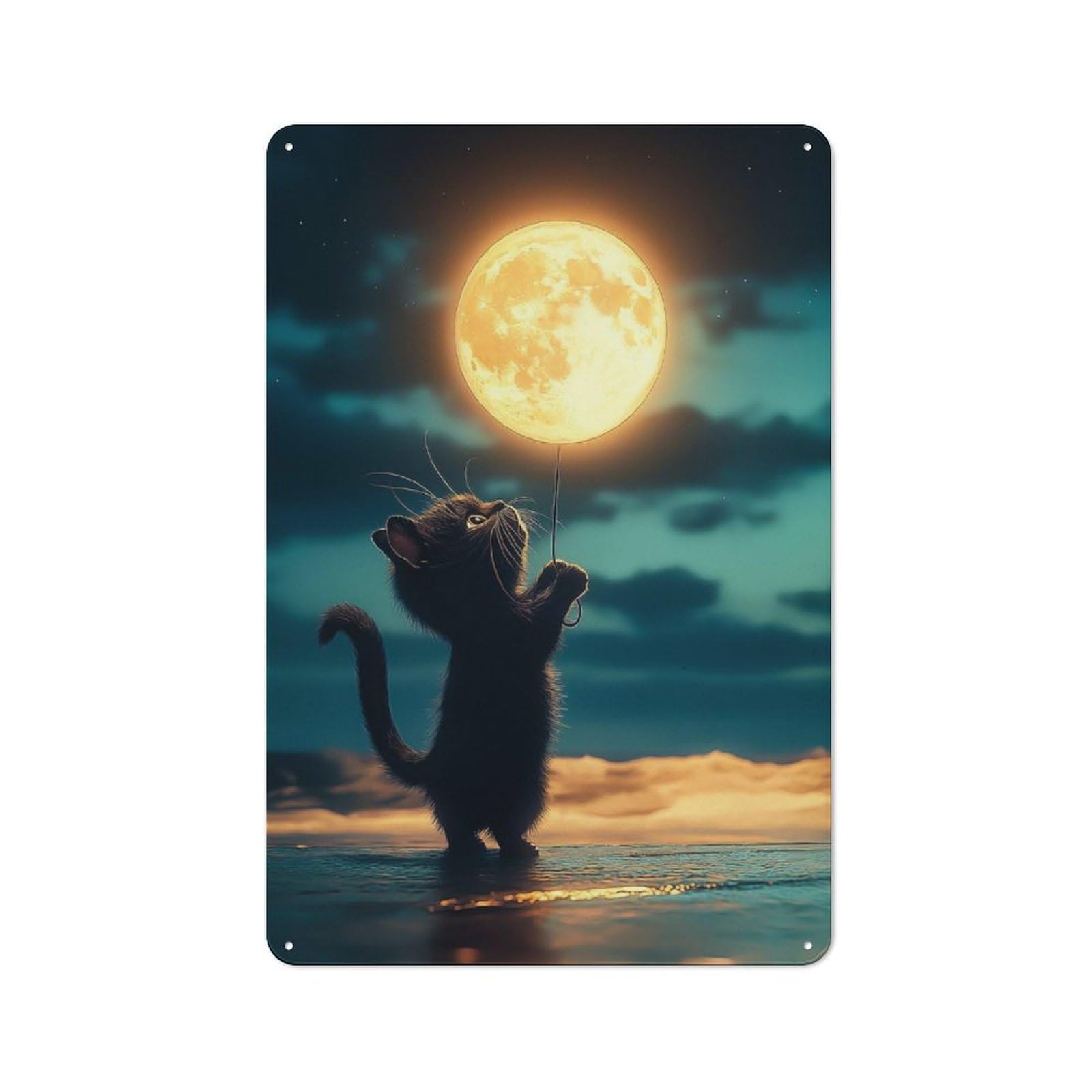 Junmoney Style-24 Metal Plaque 30X20cm With Cat And Moon Balloon For Hallway Wall, Rustic Decor, A Metal Wall Feature For Hallways And Entrance Areas