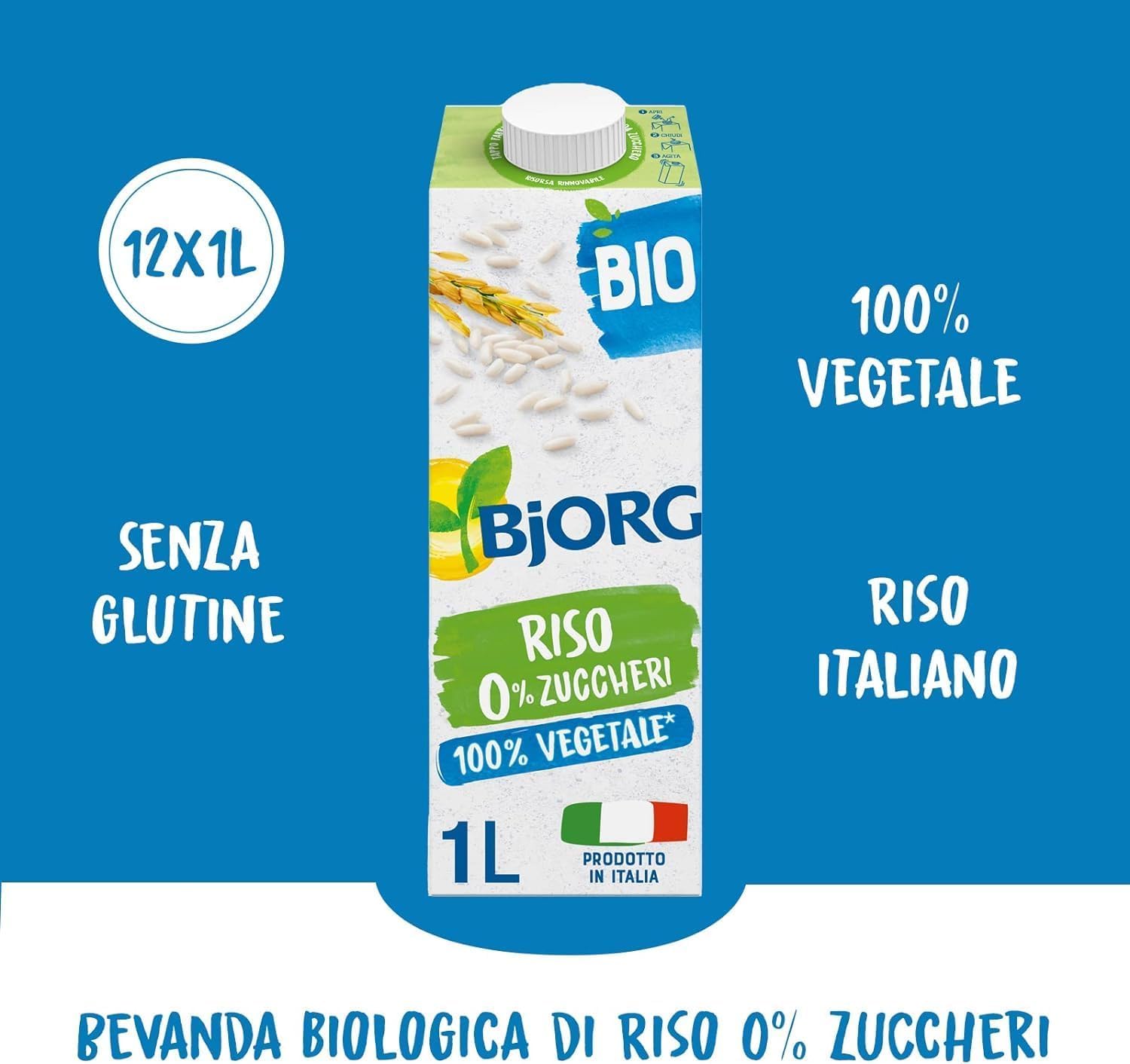 BJORG Bevanda di Riso Biologico 0% Zuccheri, Bevanda Vegetale a Basso Contenuto di Grassi, 100% Ingredienti di Origine Vegetale, Senza Glutine, Vegan, Prodotto in Italia, 1L