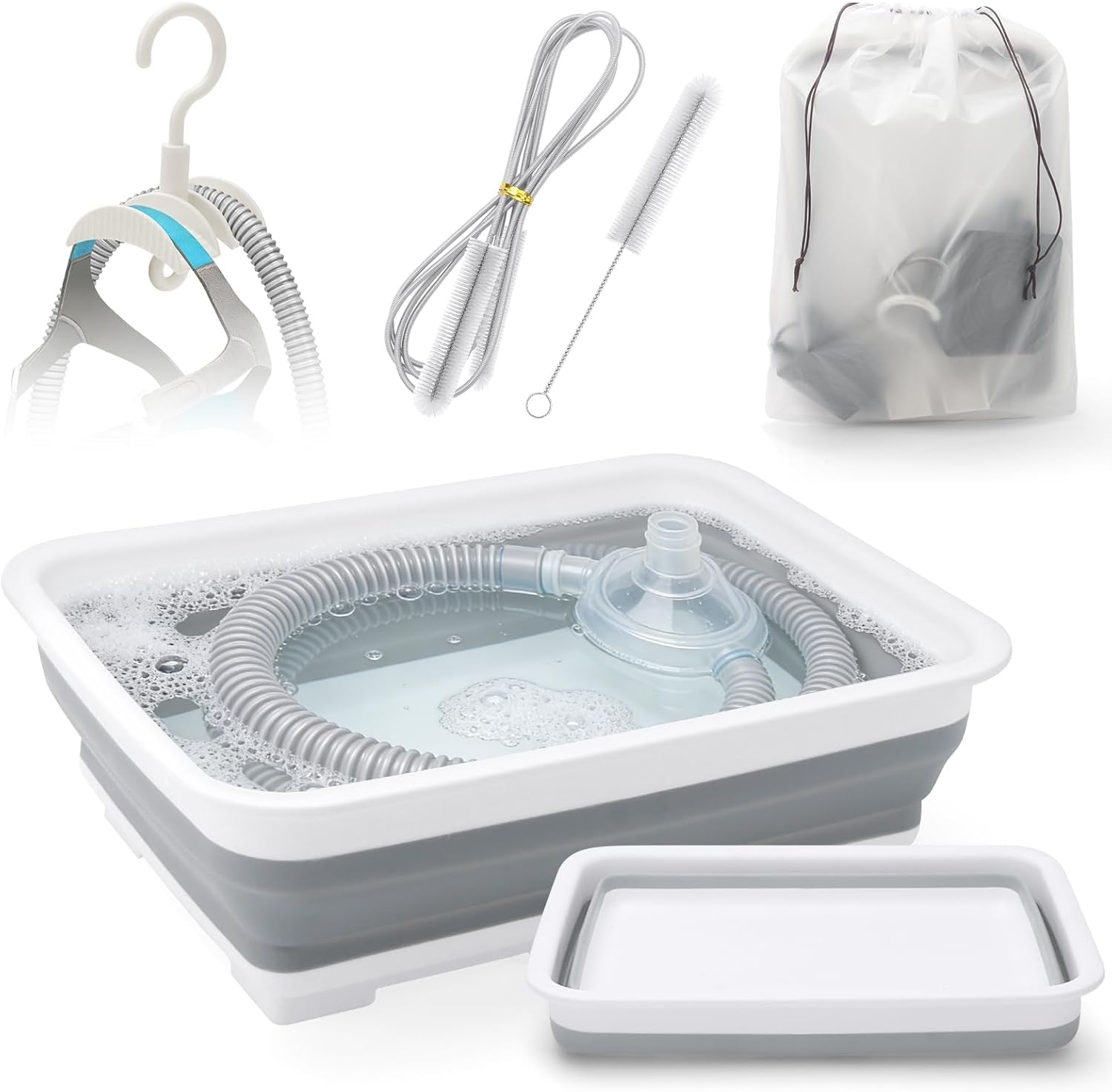 CPAP Reinigungsset für Maske und Schlauch – CPAP Zubehör mit faltbarer 8,3L Waschschüssel, 2,1m Schlauchbürste, Doppel-Schlauchhalter & Aufbewahrungstasche, für ResMed 22mm & 15mm Schläuchen