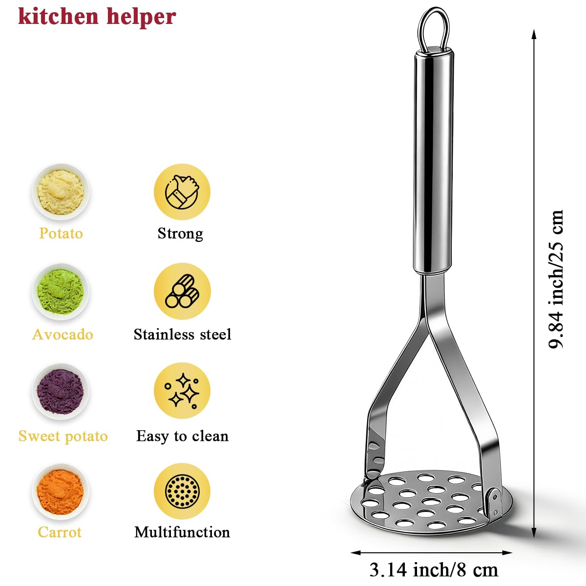 Homquen Puré de Papa de Acero Inoxidable, Puré de Papa resistente, Pasapurés de Papa, Utensilios Herramienta de Cocina para Machacar Verduras y Frutas, Lavable en Lavavajillas (25cm)